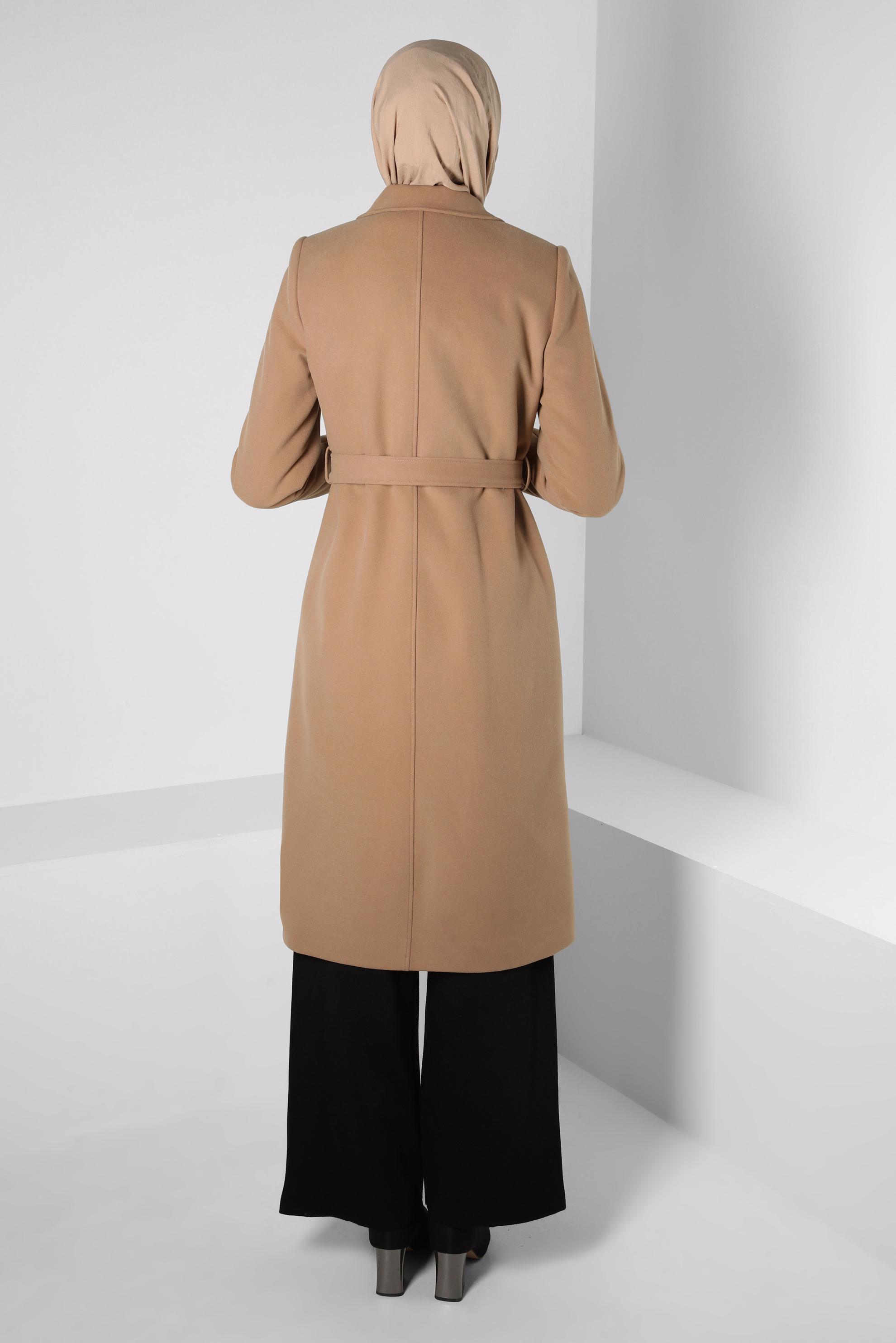 Tesettür giyim TABA KUŞAKLI KABAN 90413