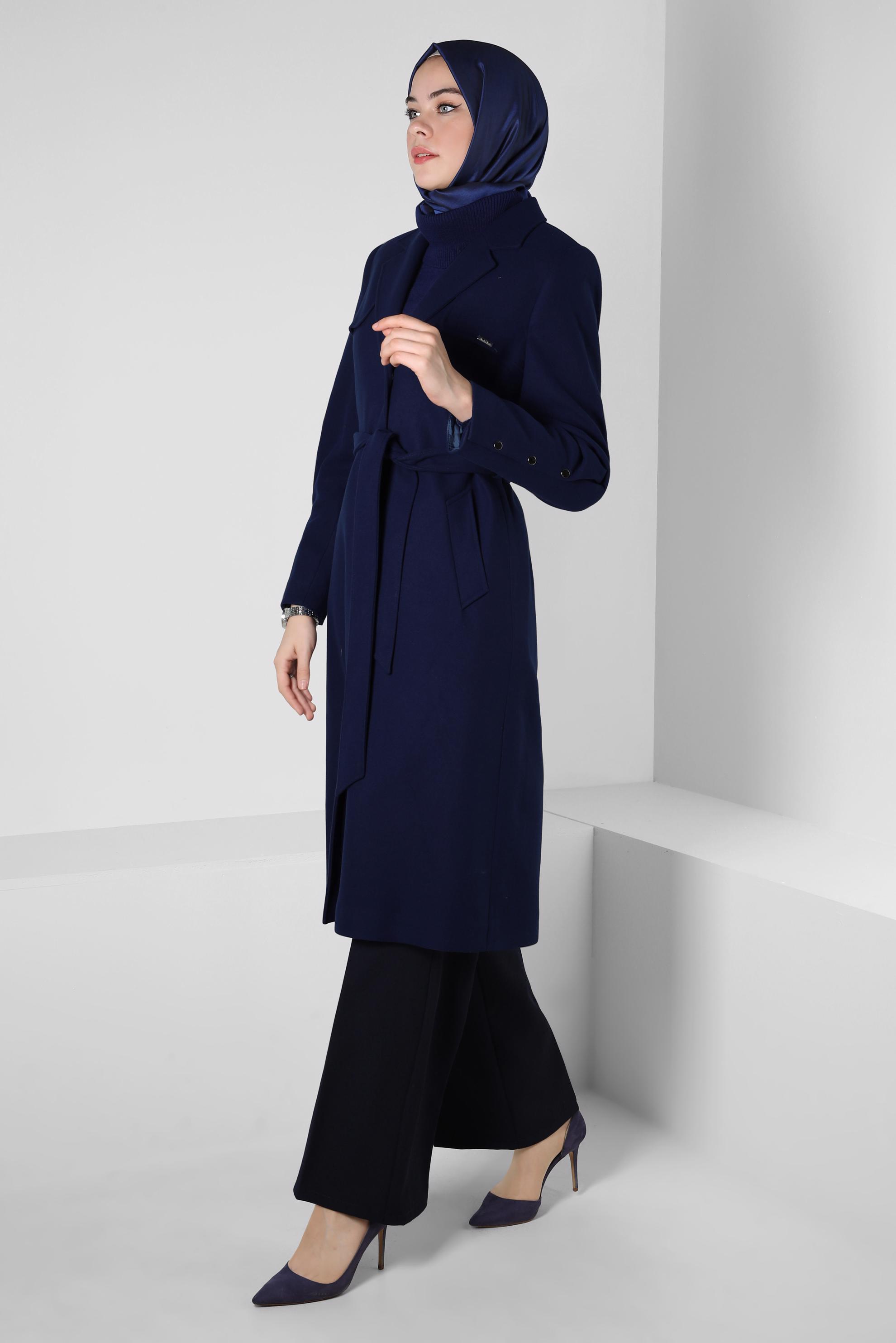 Tesettür giyim MAVİ KUŞAKLI KABAN 90413