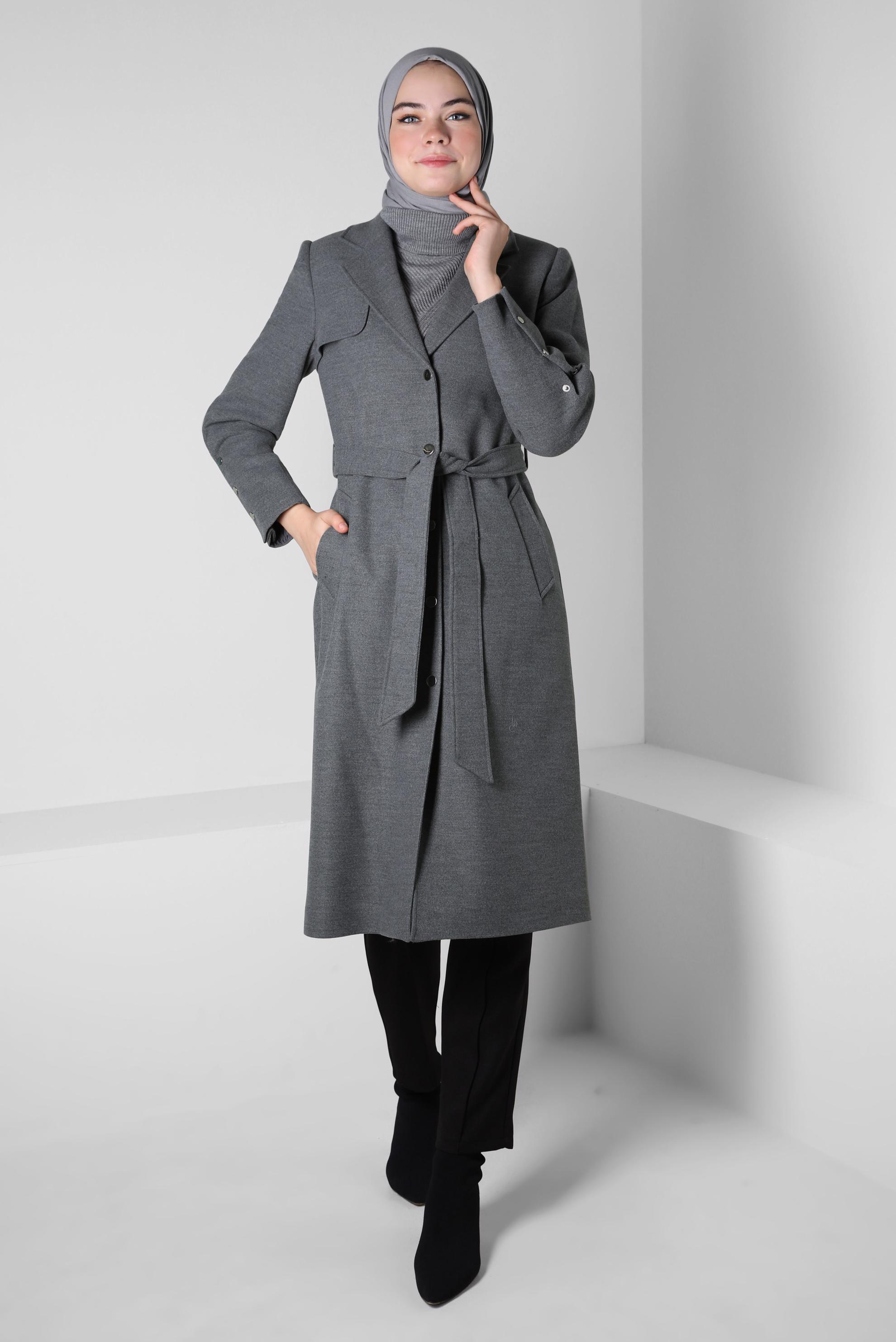 Tesettür giyim GRİ KUŞAKLI KABAN 90413
