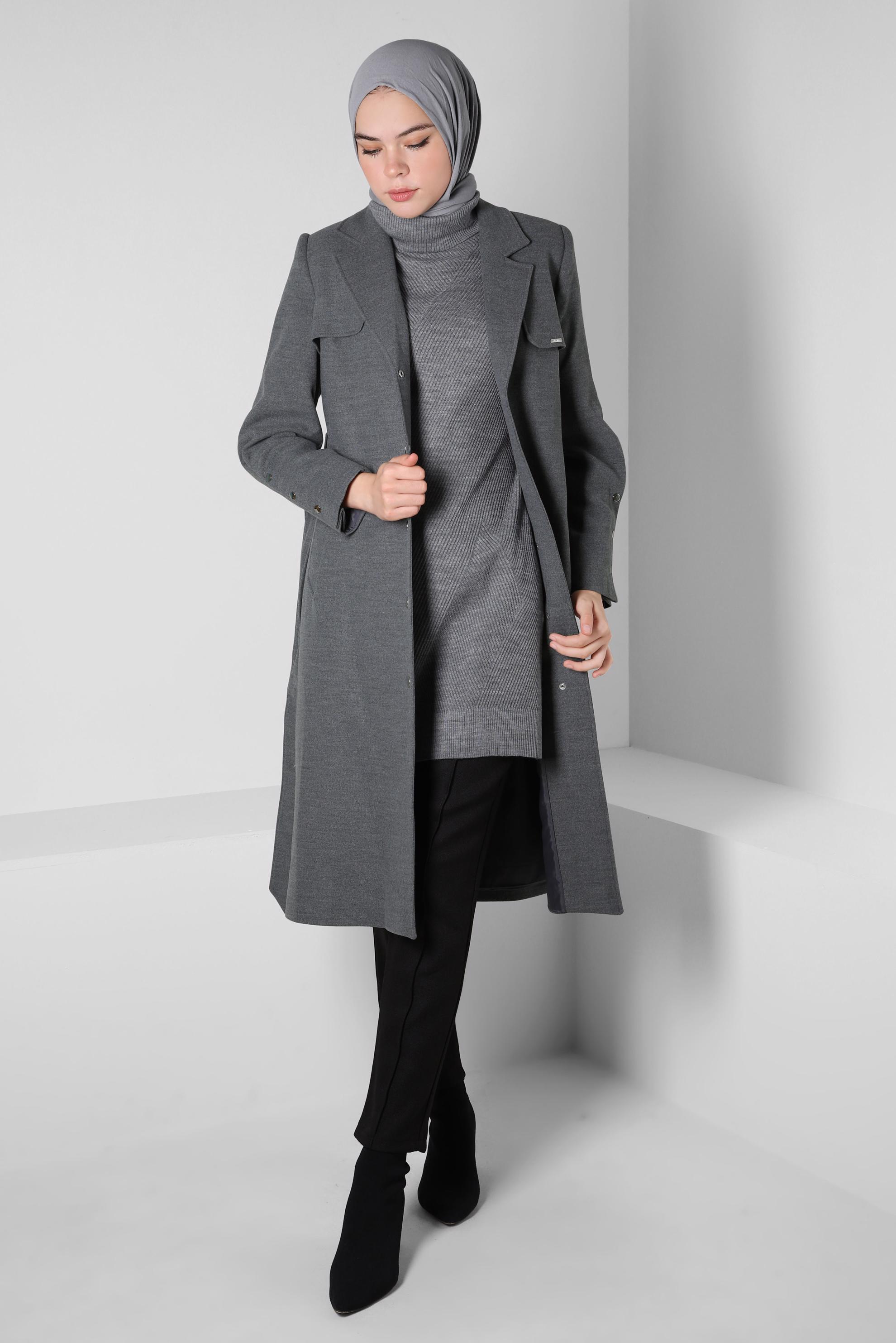 Tesettür giyim GRİ KUŞAKLI KABAN 90413