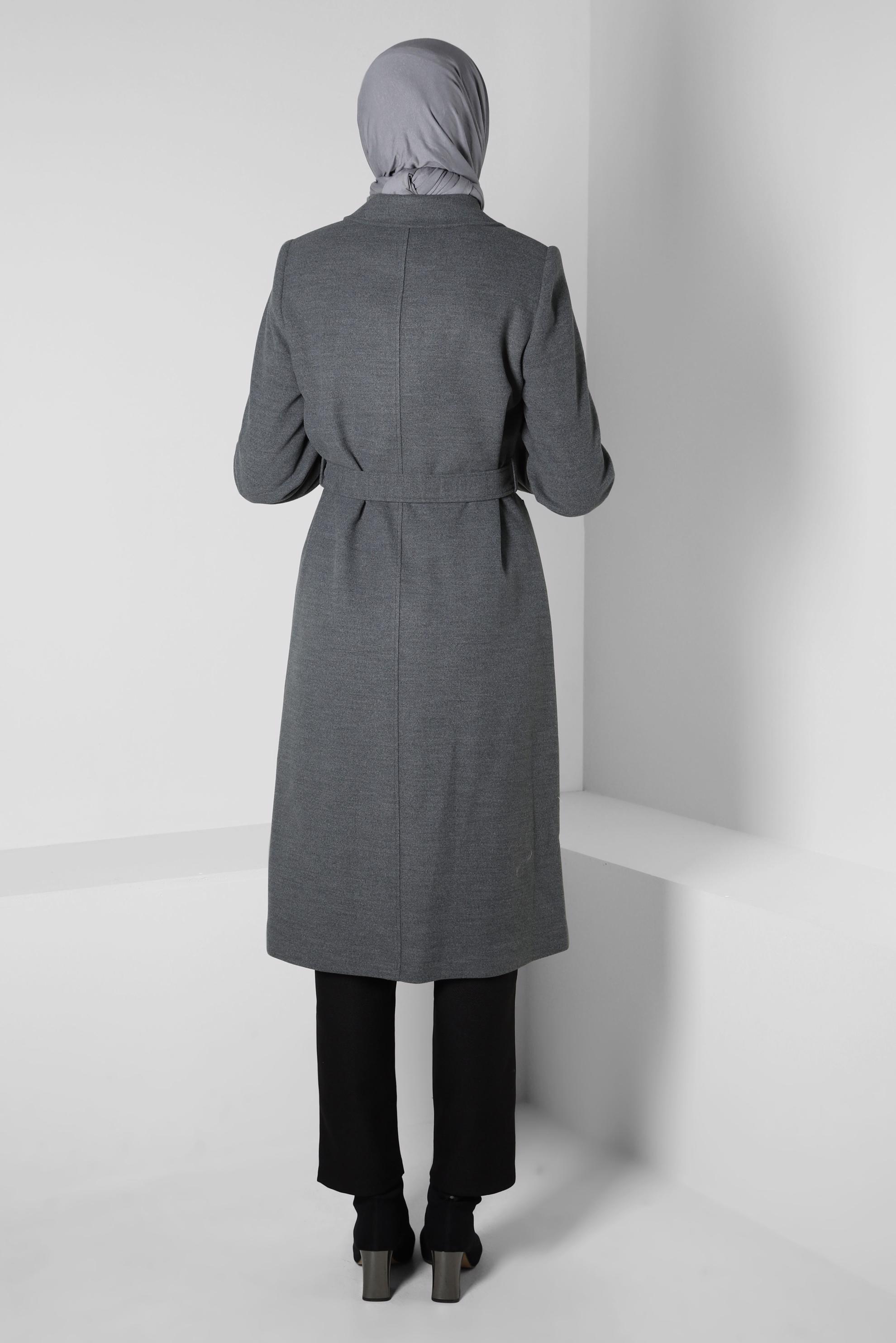 Tesettür giyim GRİ KUŞAKLI KABAN 90413