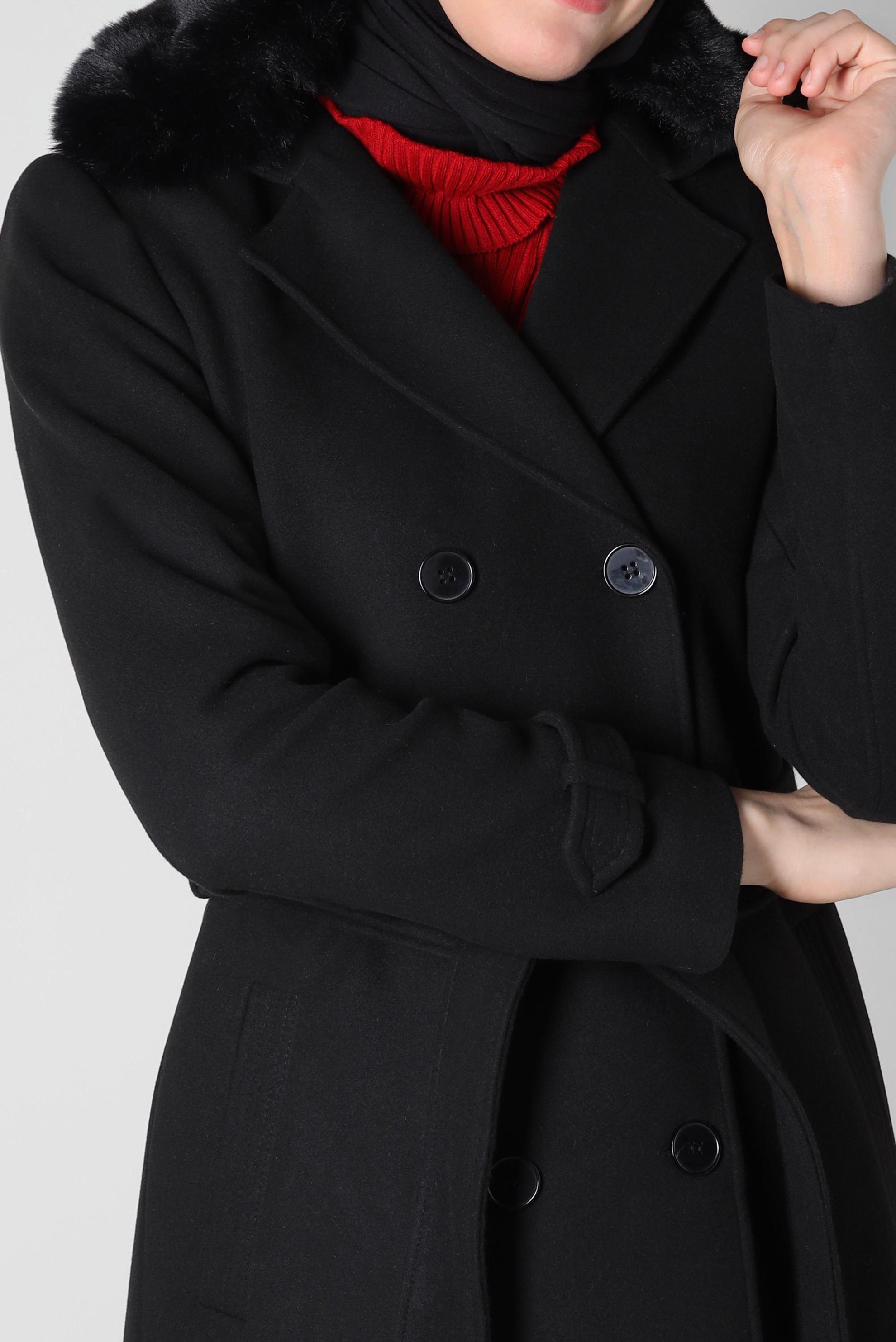 Tesettür giyim SİYAH KÜRK DETAYLI KUŞAKLI KABAN 90414