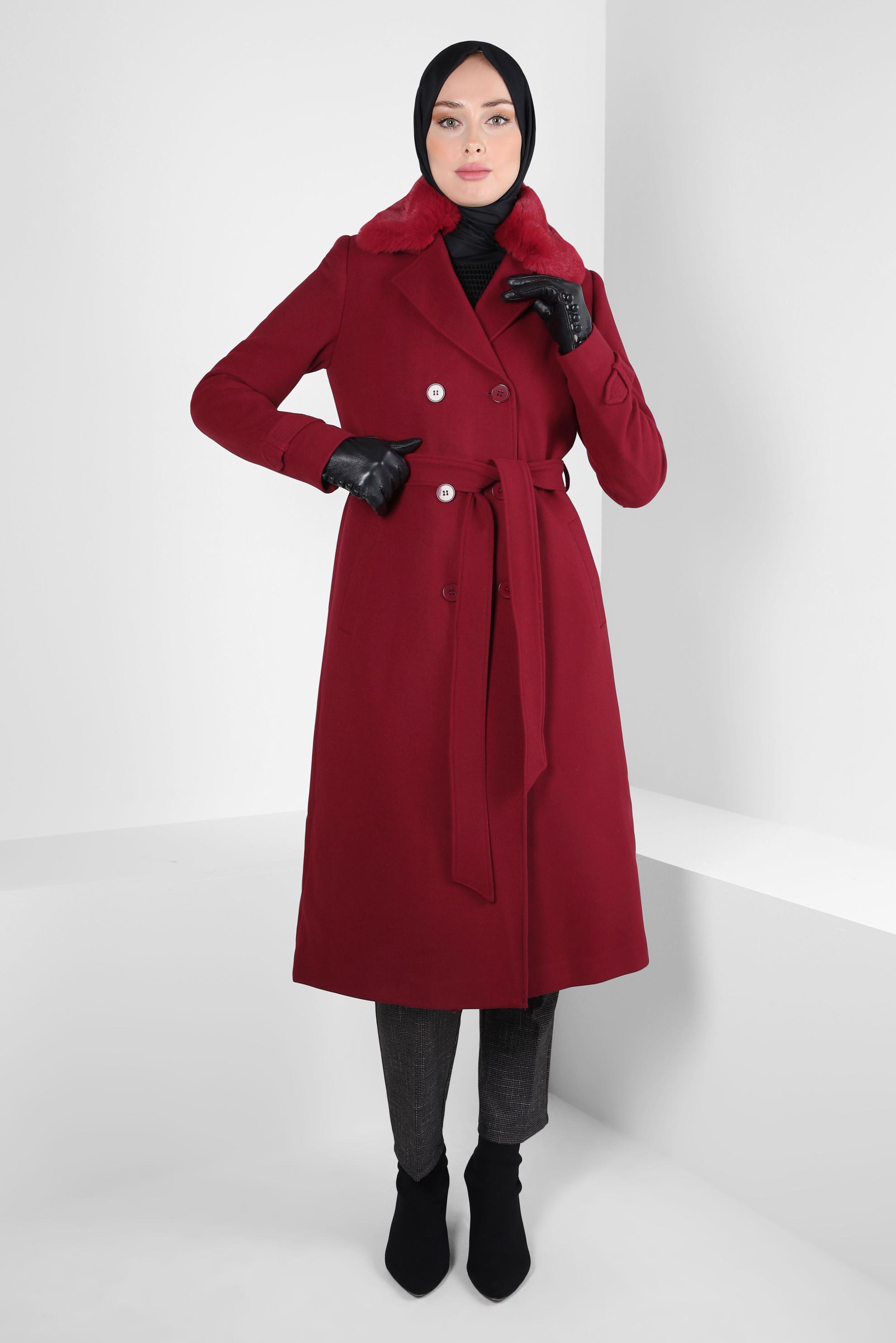 Tesettür giyim BORDO KÜRK DETAYLI KUŞAKLI KABAN 90414