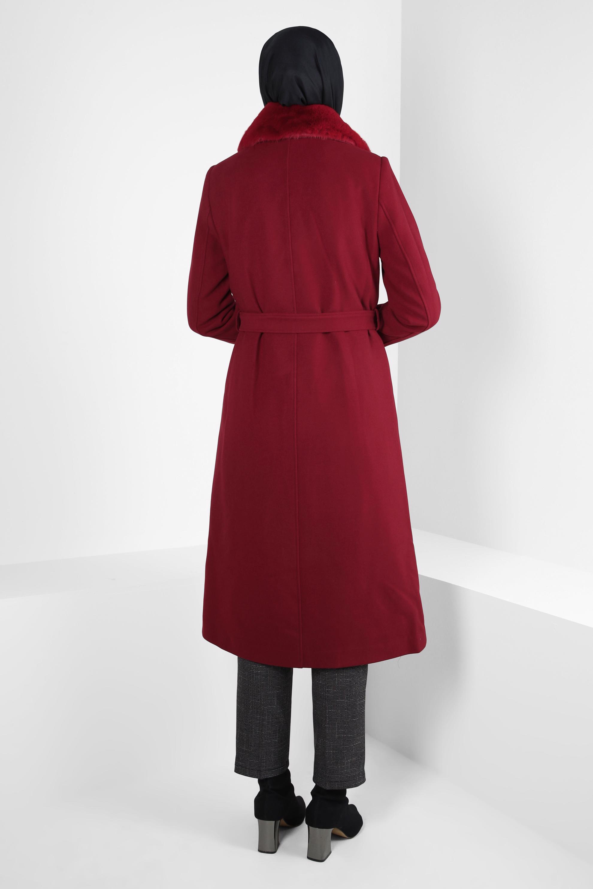 Tesettür giyim BORDO KÜRK DETAYLI KUŞAKLI KABAN 90414