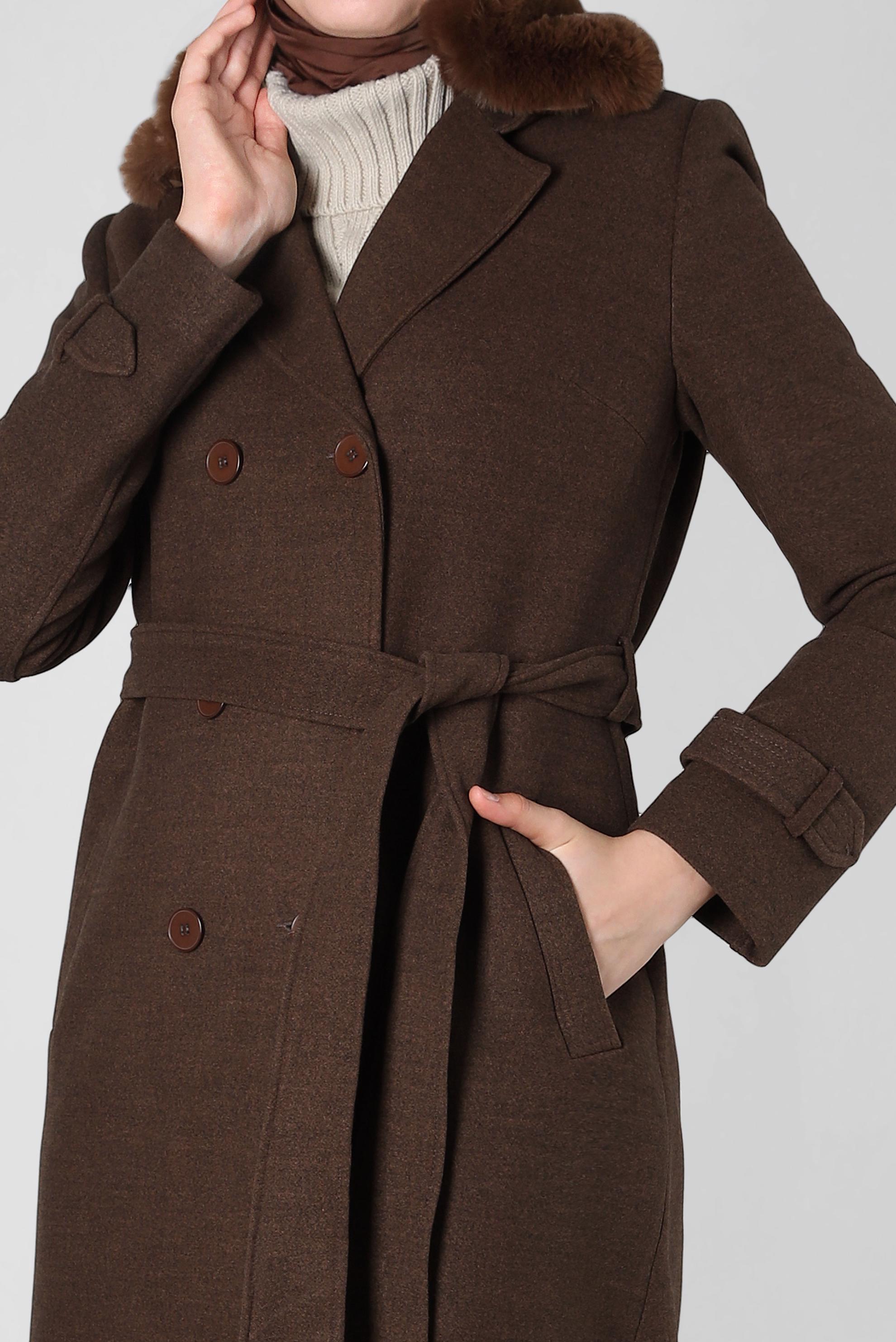 Tesettür giyim KAHVE KÜRK DETAYLI KUŞAKLI KABAN 90414