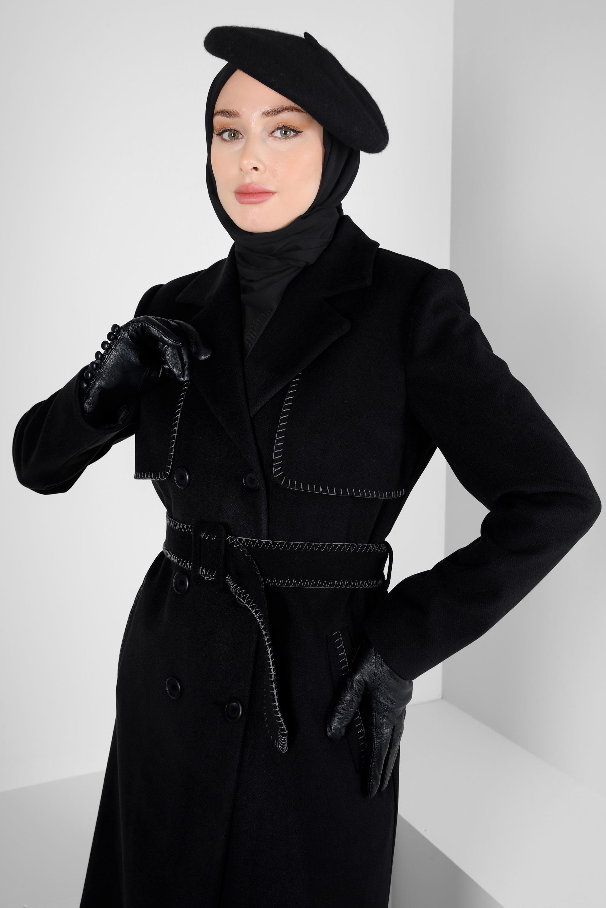 Tesettür giyim SİYAH KEMERLİ KRUVAZE YAKA KABAN 90415