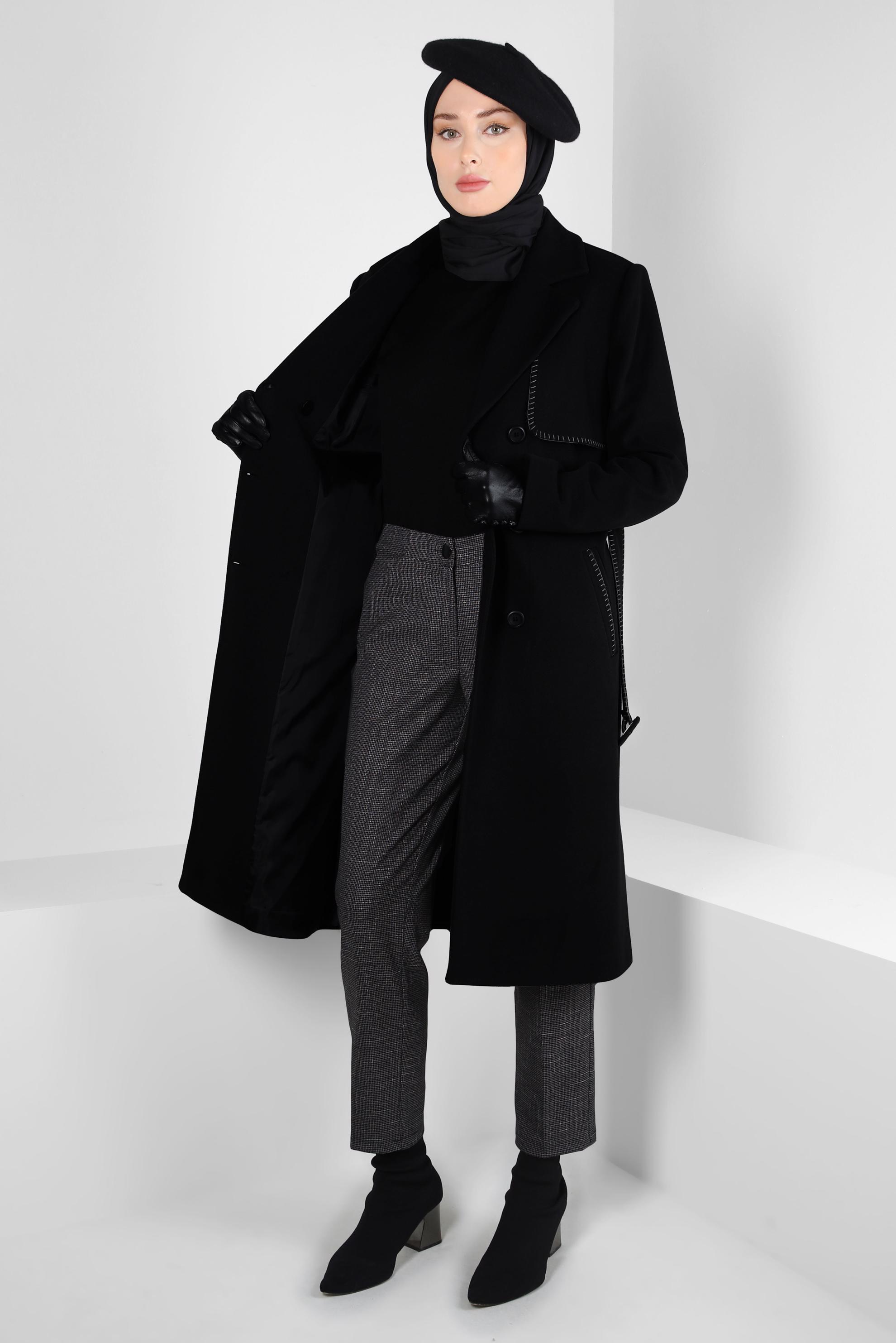 Tesettür giyim SİYAH KEMERLİ KRUVAZE YAKA KABAN 90415