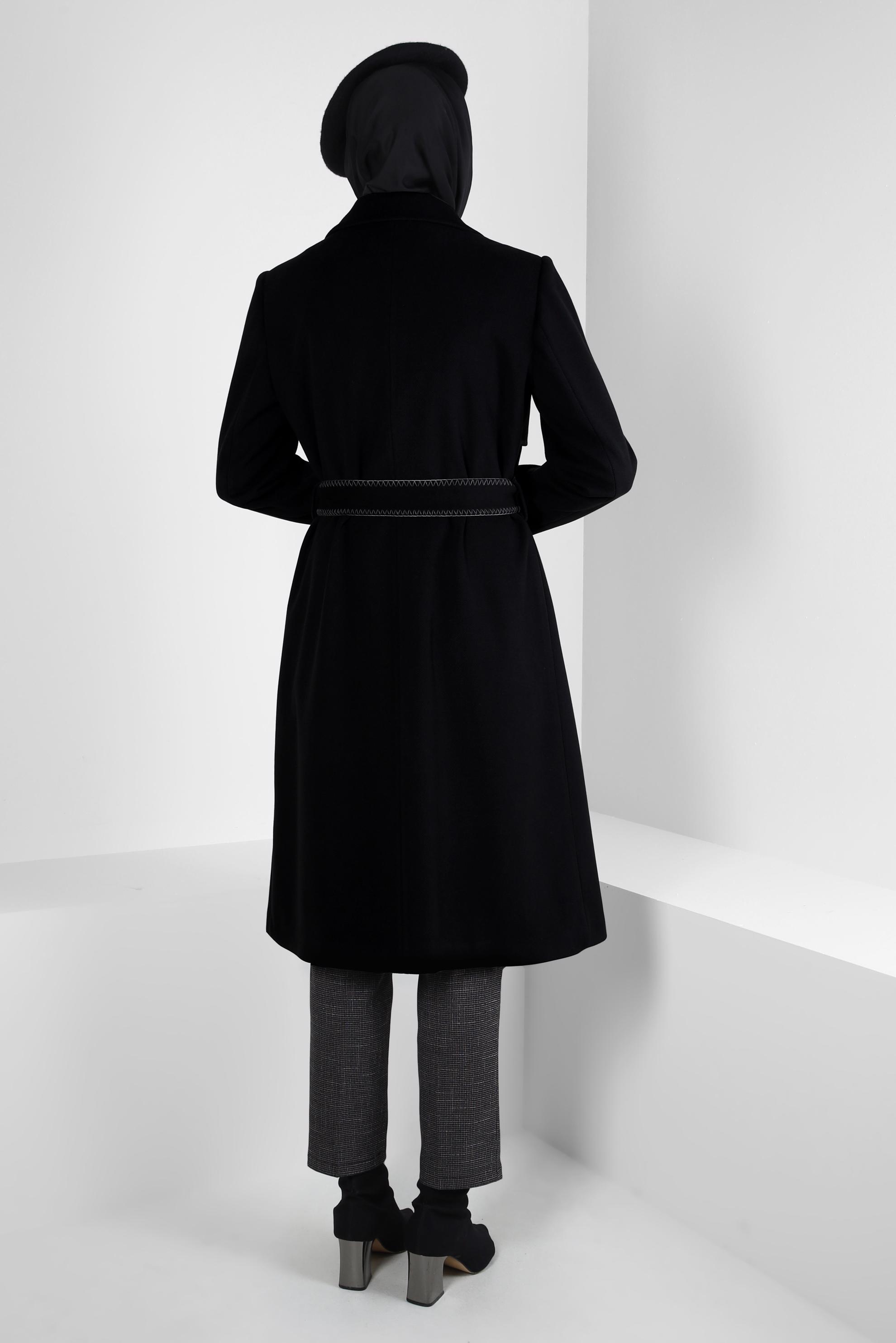 Tesettür giyim SİYAH KEMERLİ KRUVAZE YAKA KABAN 90415