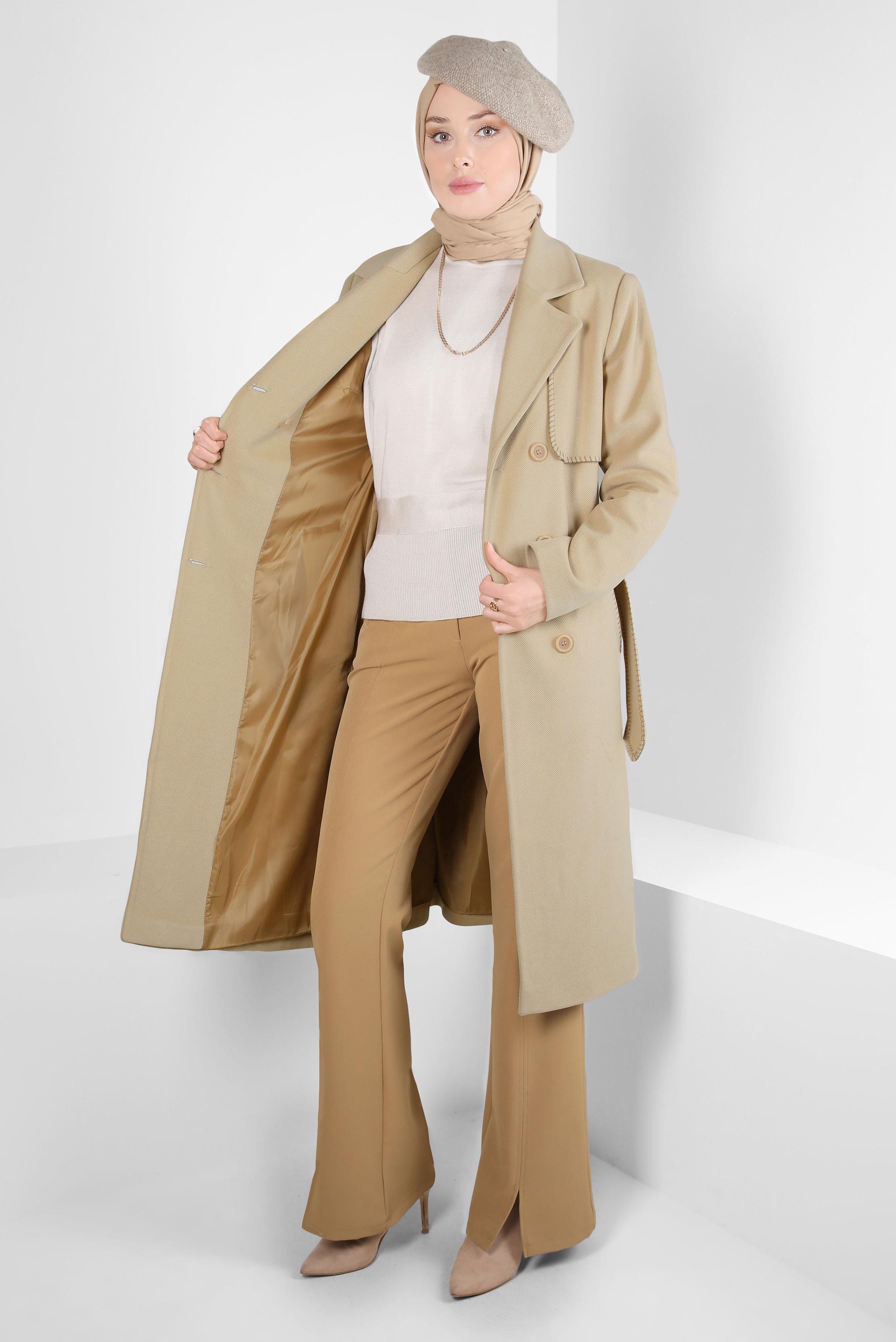Tesettür giyim KAHVE KEMERLİ KRUVAZE YAKA KABAN 90415