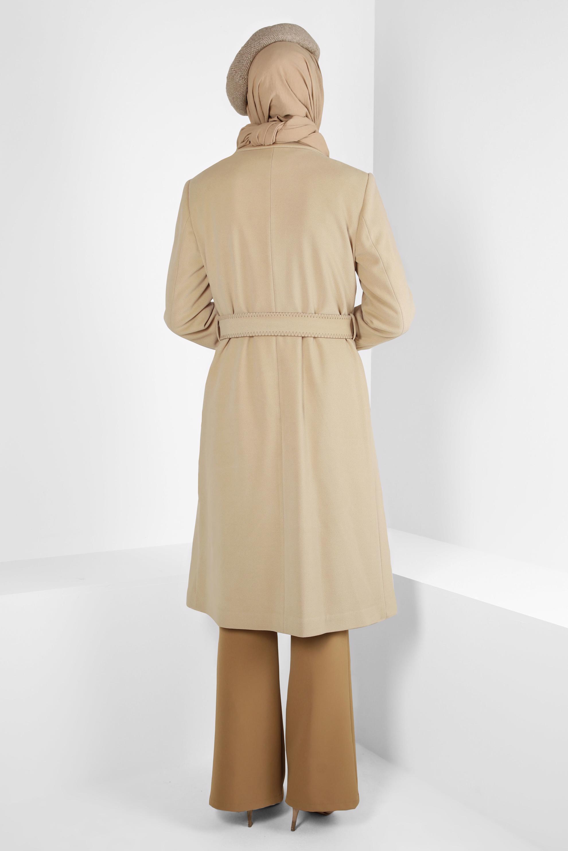 Tesettür giyim KAHVE KEMERLİ KRUVAZE YAKA KABAN 90415