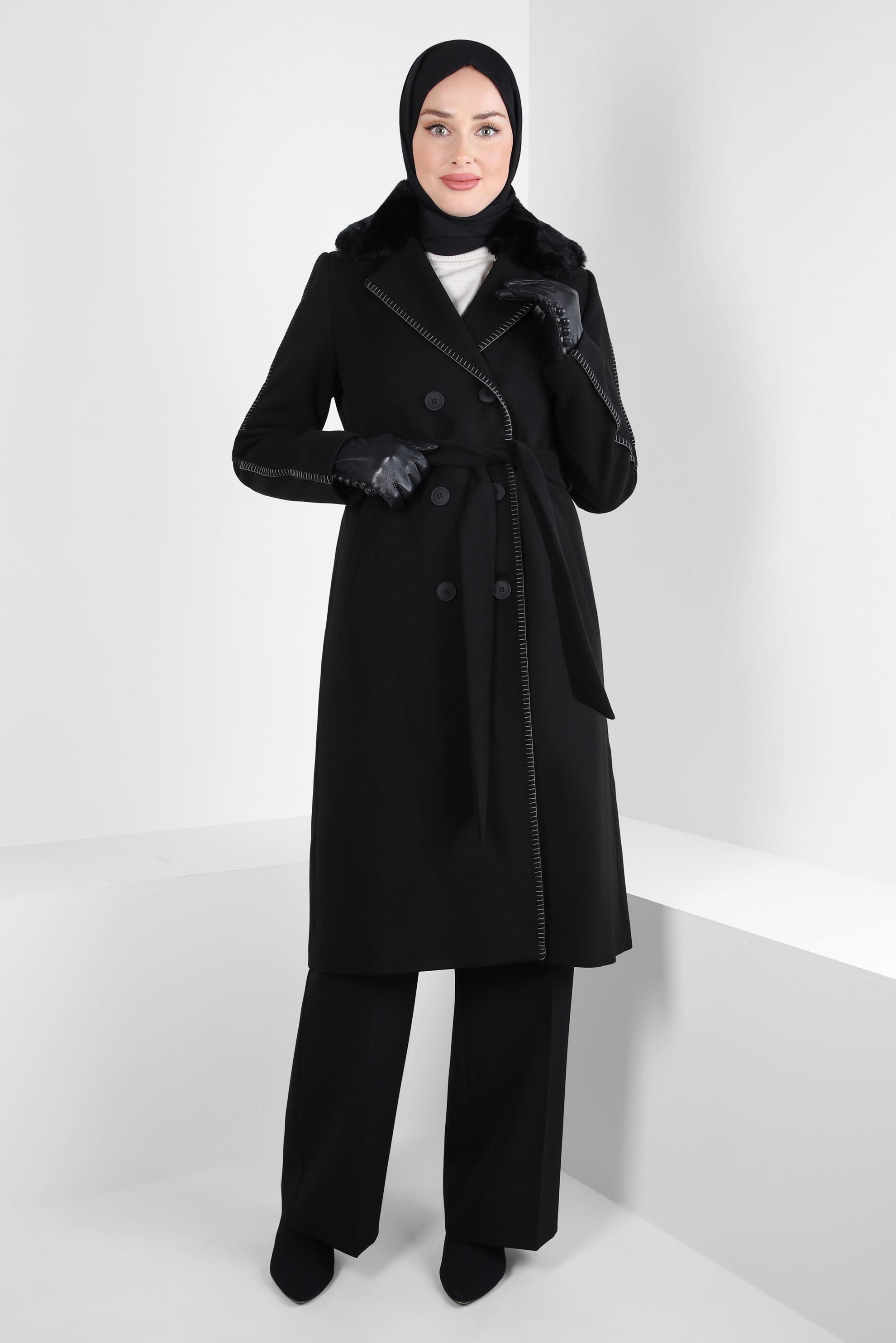 Tesettür giyim SİYAH KEMERLİ KABAN 90416