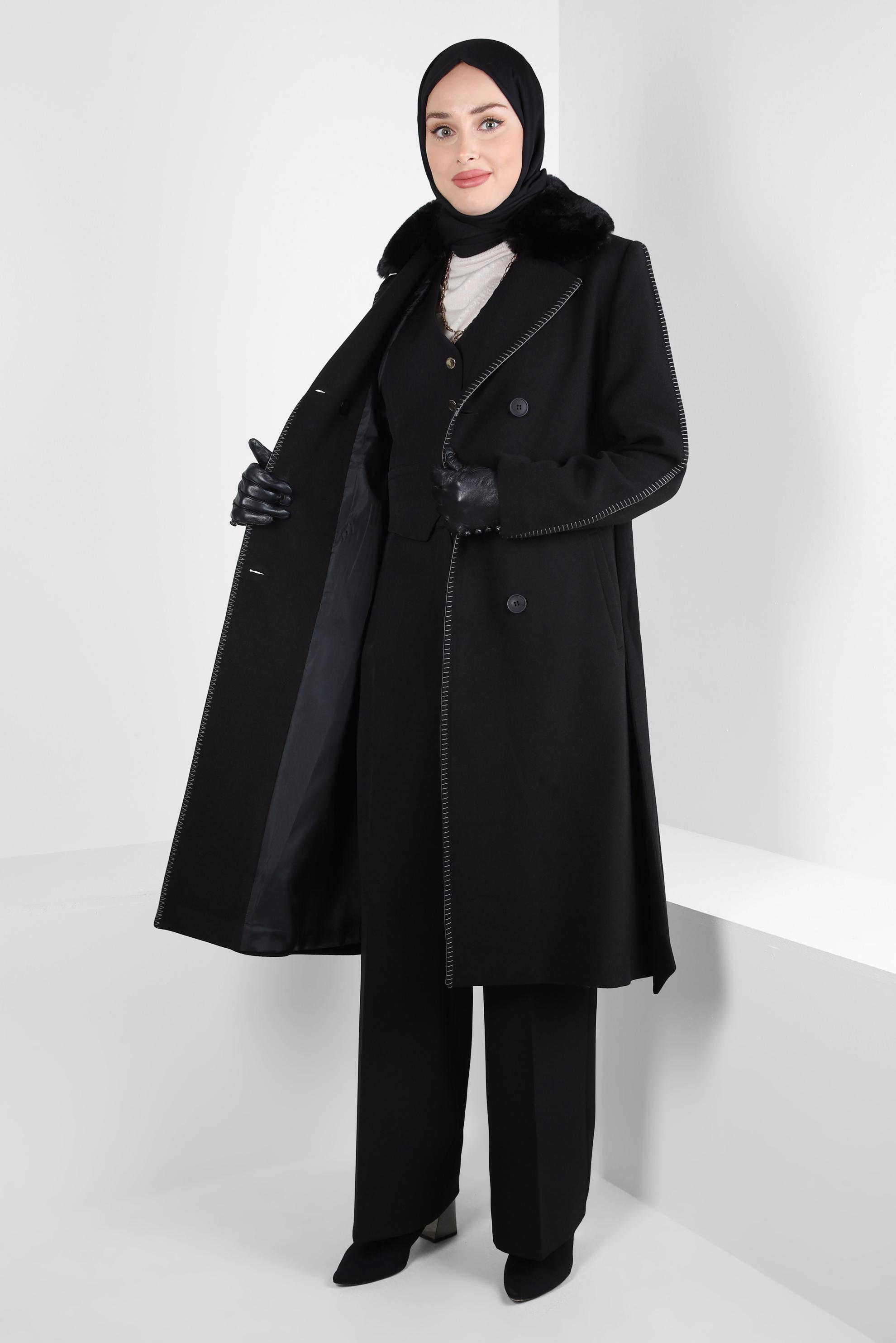 Tesettür giyim SİYAH KEMERLİ KABAN 90416