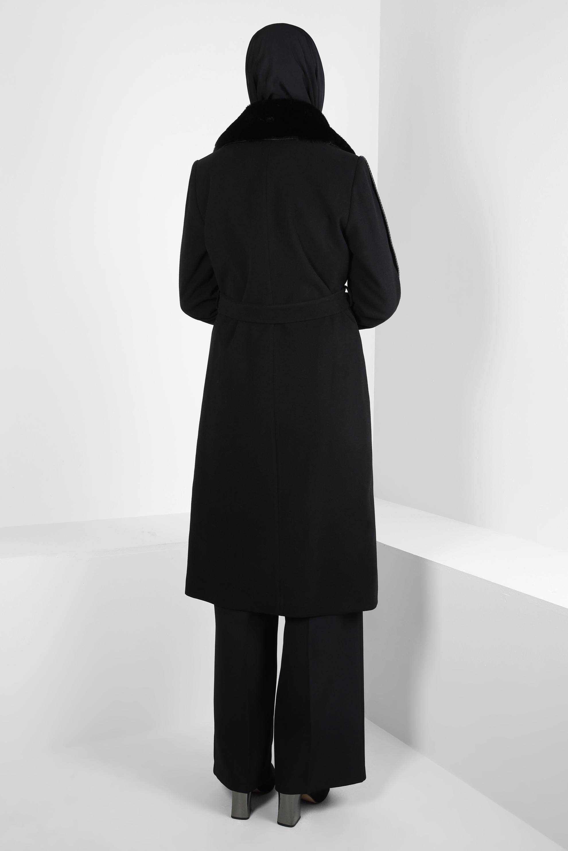 Tesettür giyim SİYAH KEMERLİ KABAN 90416