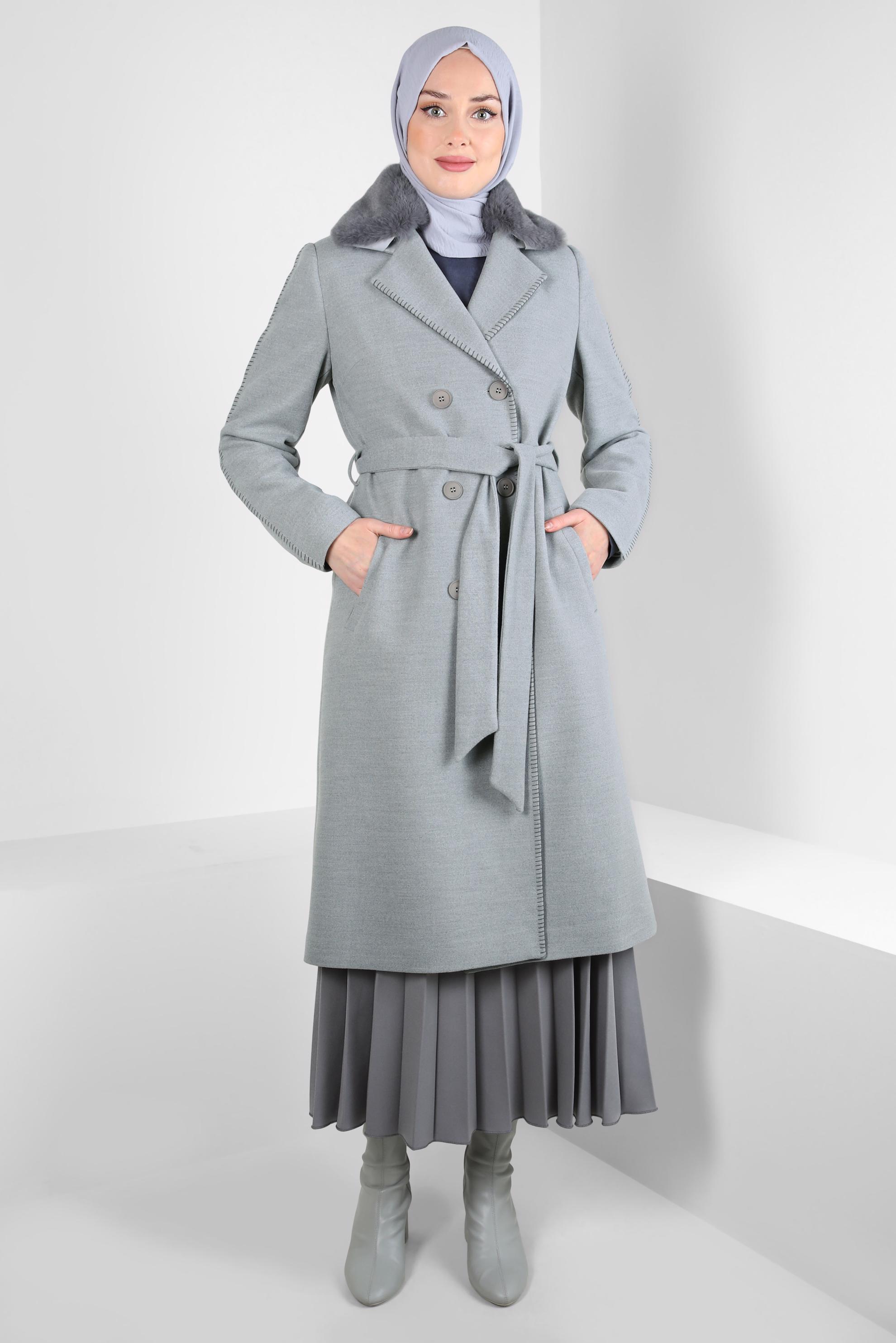 Tesettür giyim GRİ KEMERLİ KABAN 90416