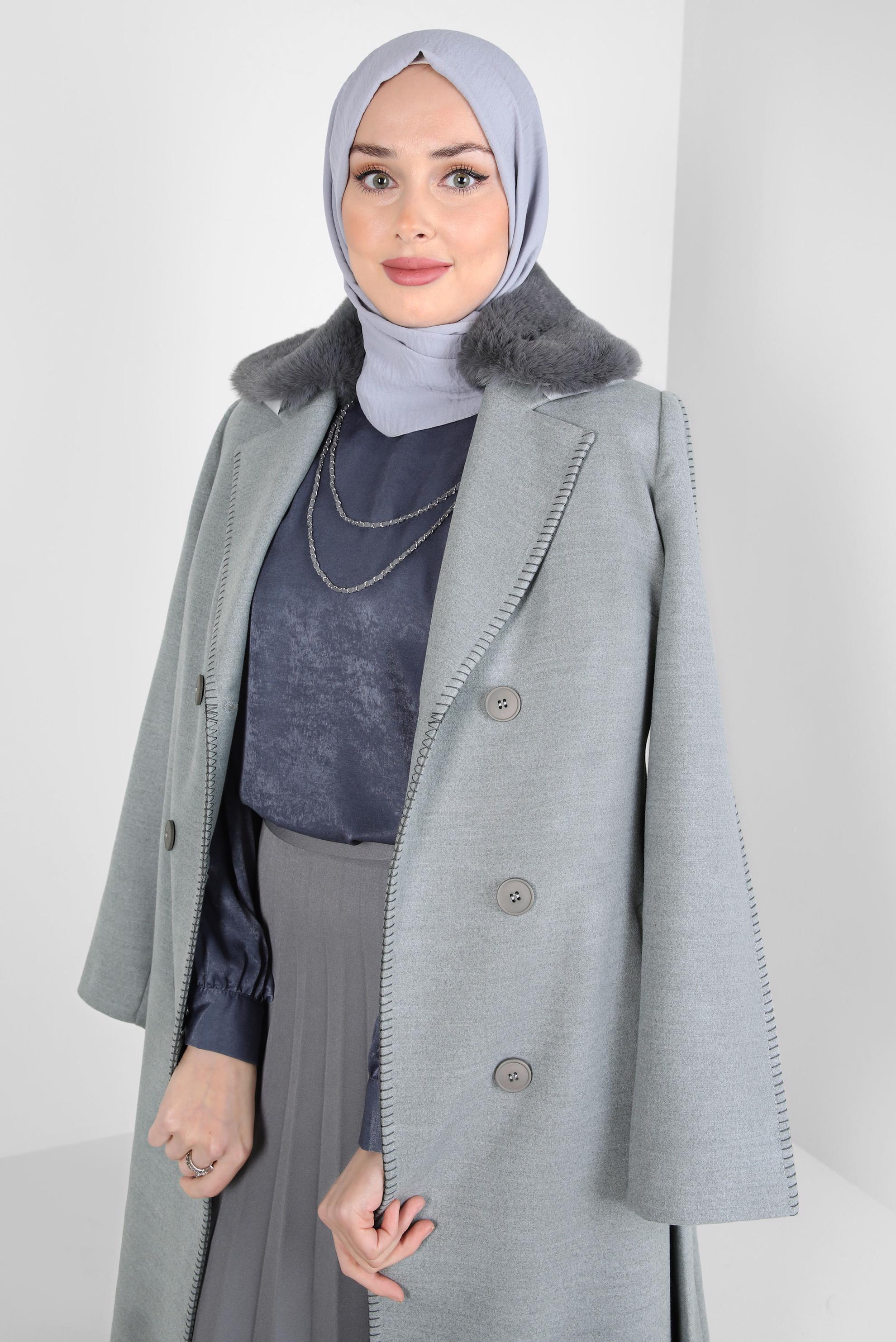 Tesettür giyim GRİ KEMERLİ KABAN 90416