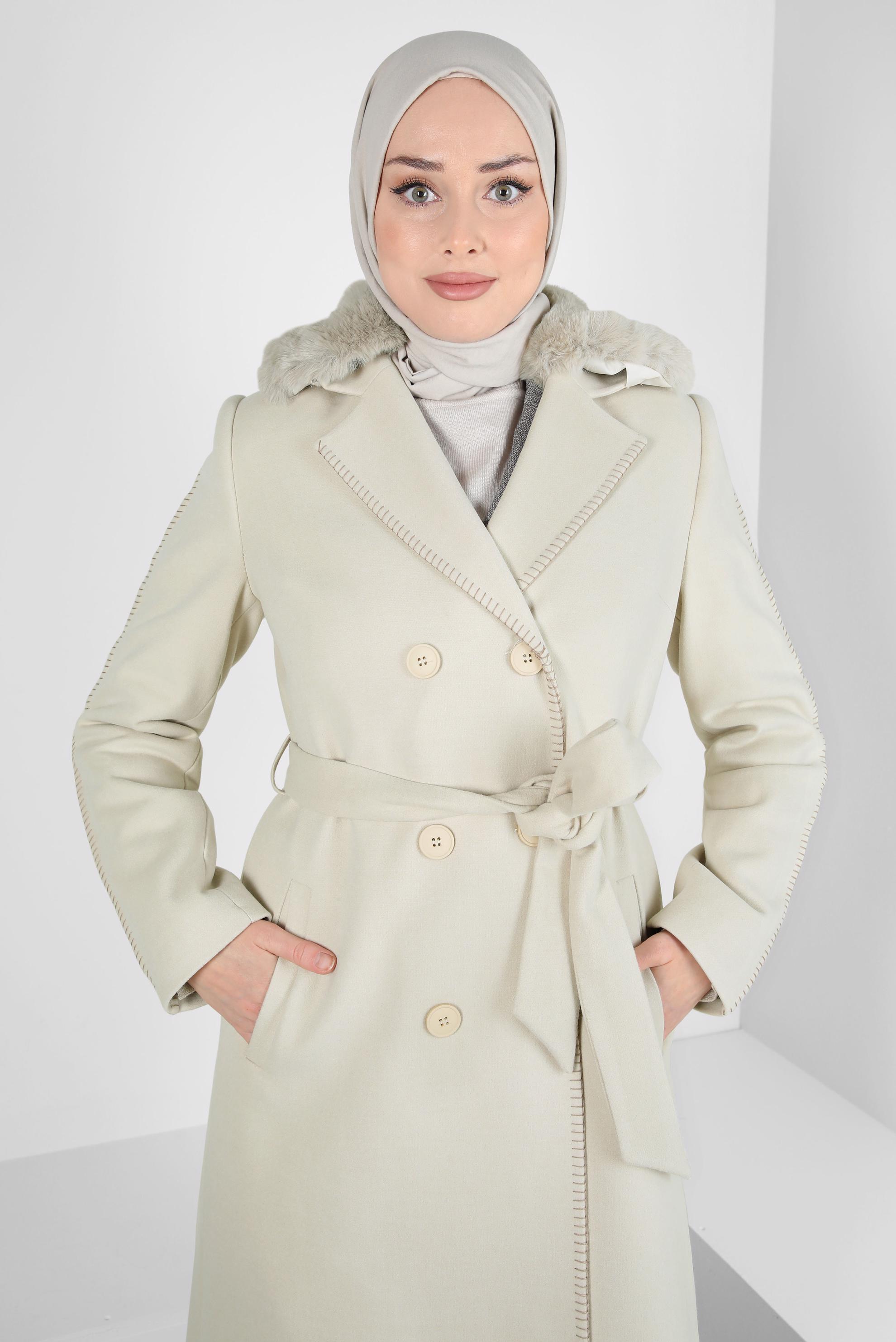 Tesettür giyim EKRU KEMERLİ KABAN 90416