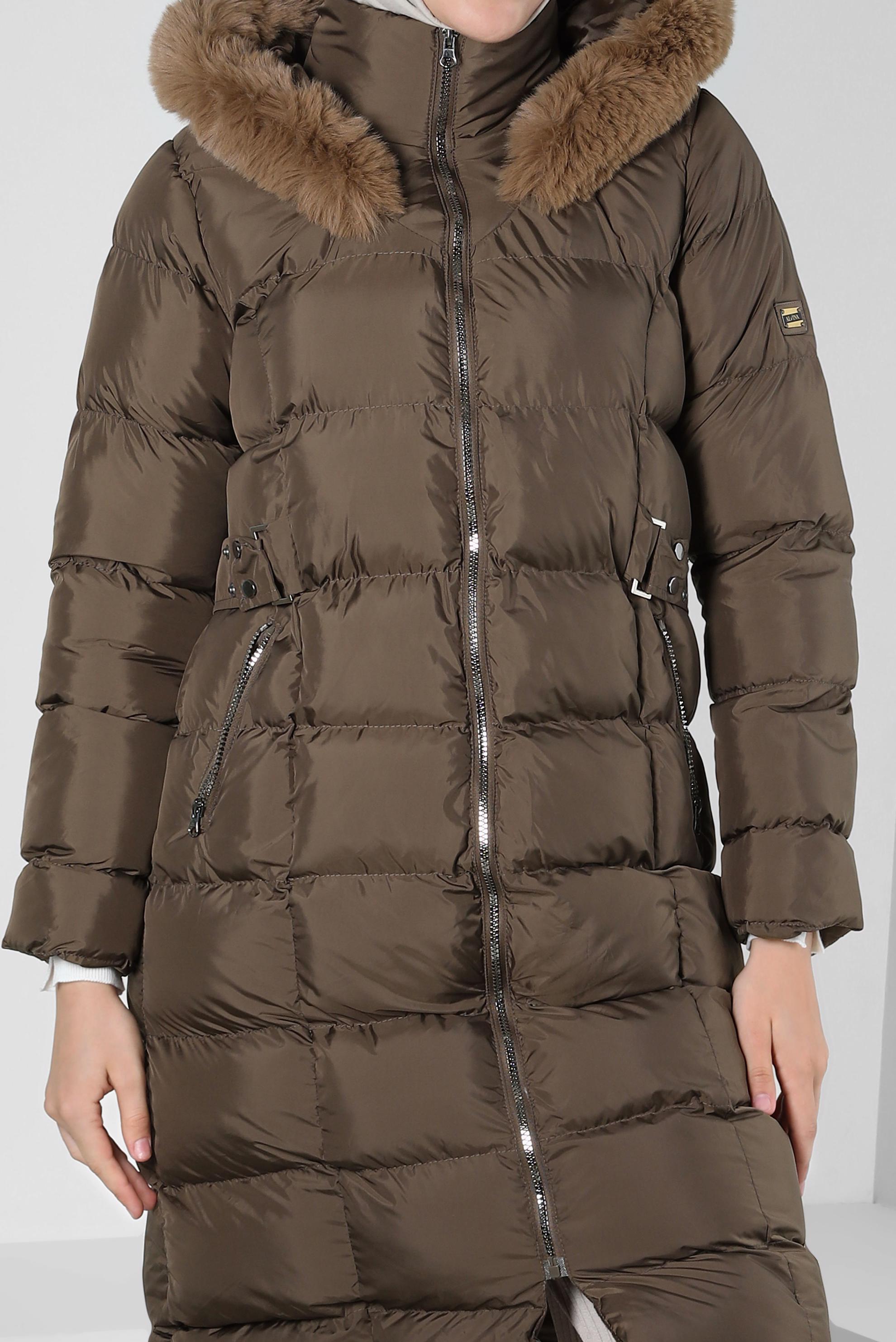 Tesettür giyim HAKİ KAPÜŞONLU ŞİŞME KABAN 90421