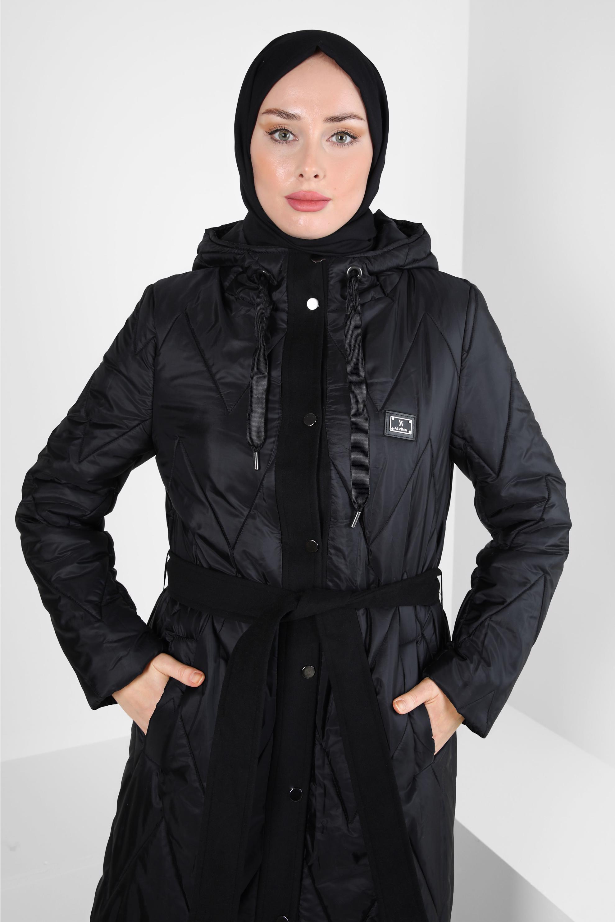 Tesettür giyim SİYAH KAPÜŞONLU KUŞAKLI KABAN 90422