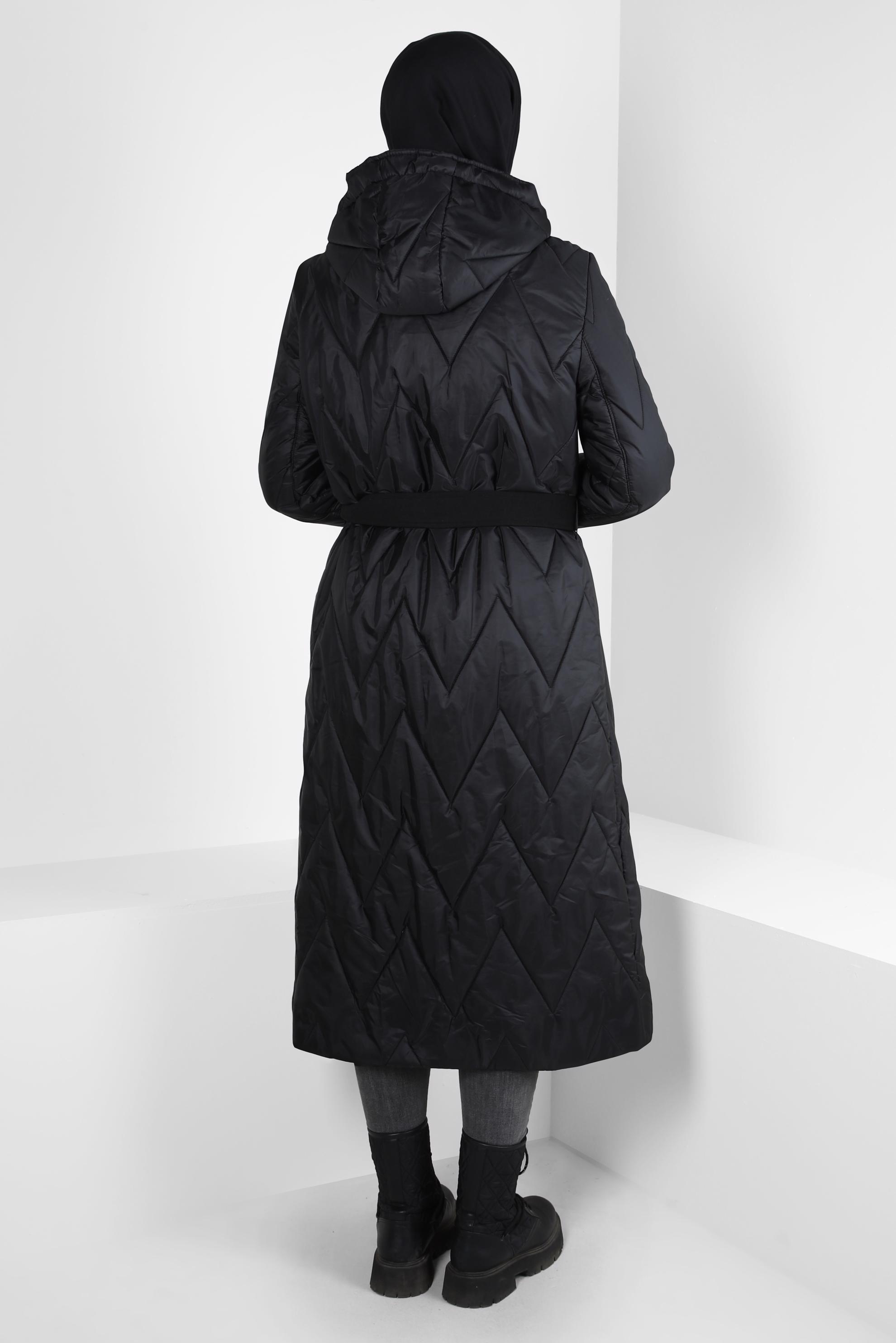 Tesettür giyim SİYAH KAPÜŞONLU KUŞAKLI KABAN 90422