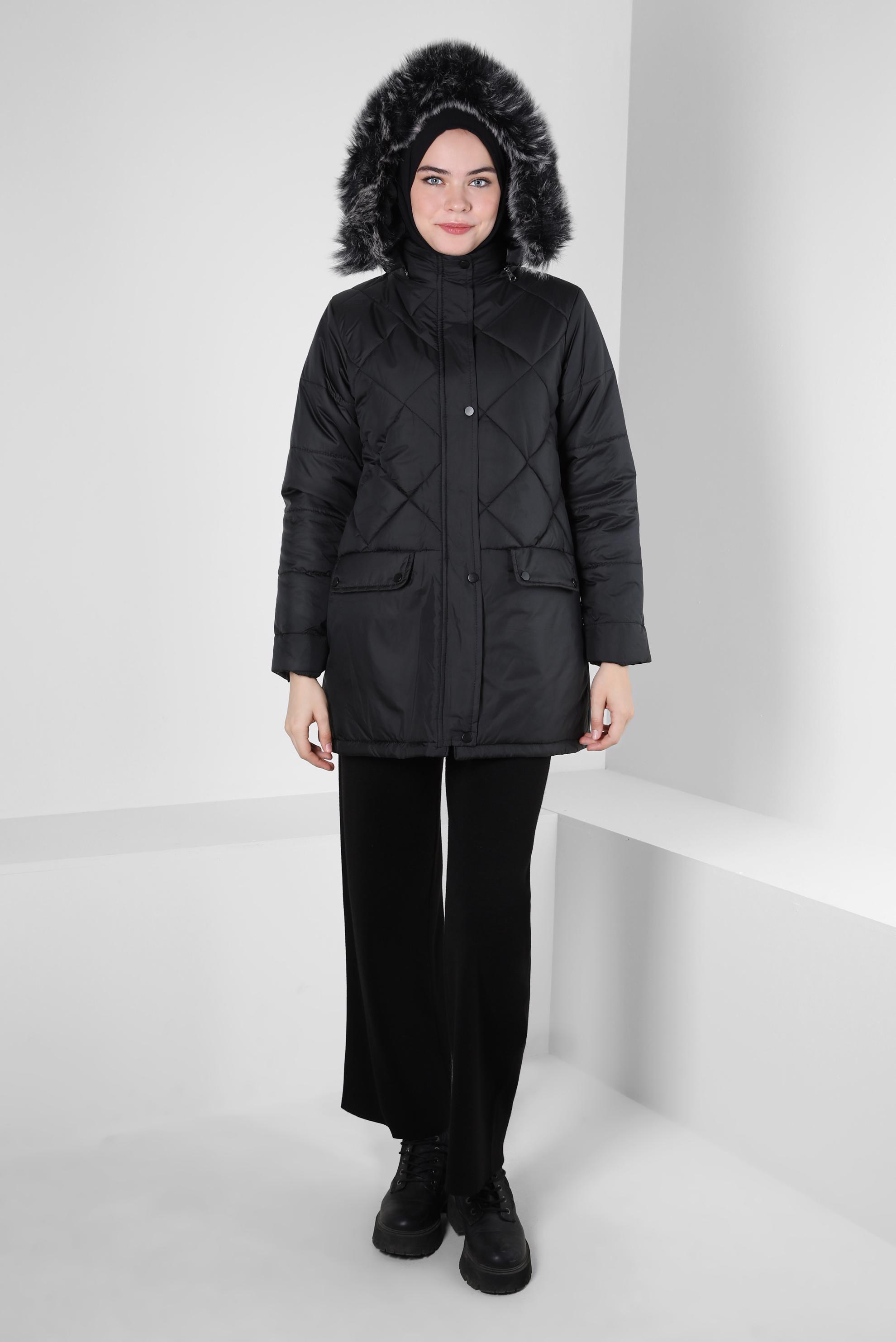 Tesettür giyim SİYAH KAPÜŞONLU ŞİŞME KABAN 90425