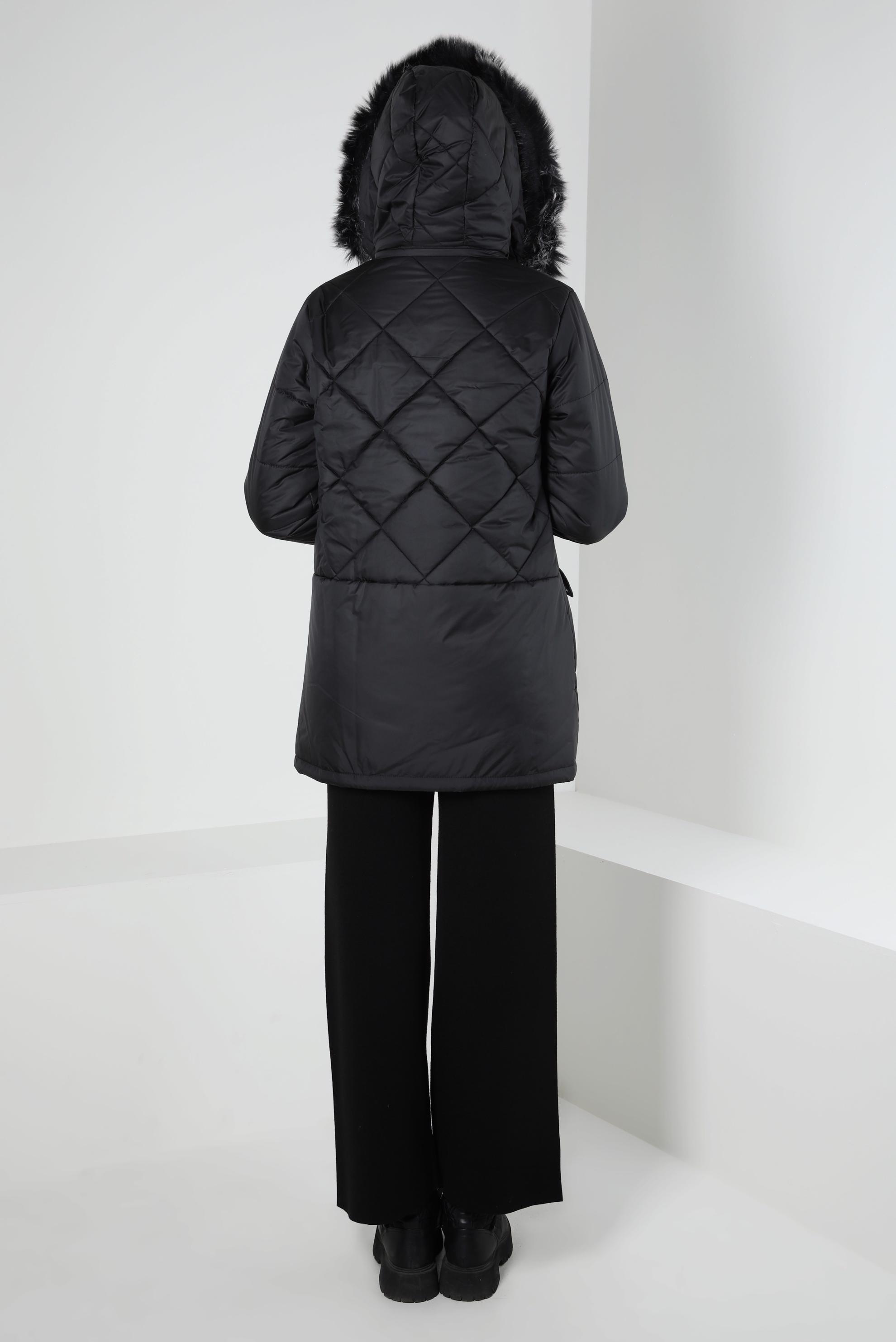 Tesettür giyim SİYAH KAPÜŞONLU ŞİŞME KABAN 90425