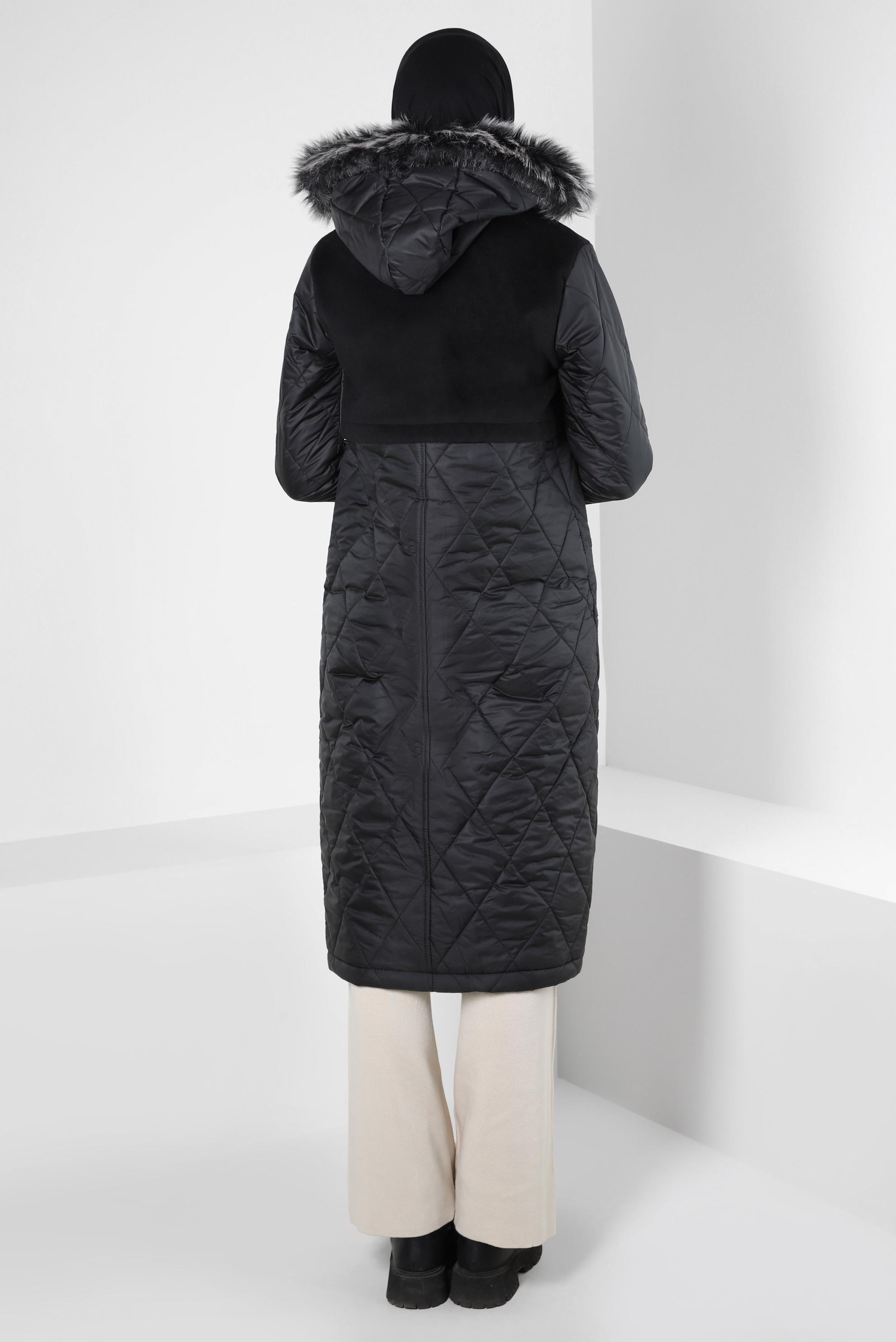 Tesettür giyim SİYAH ÇIKARILABİLİR KAPÜŞONLU KABAN 90426