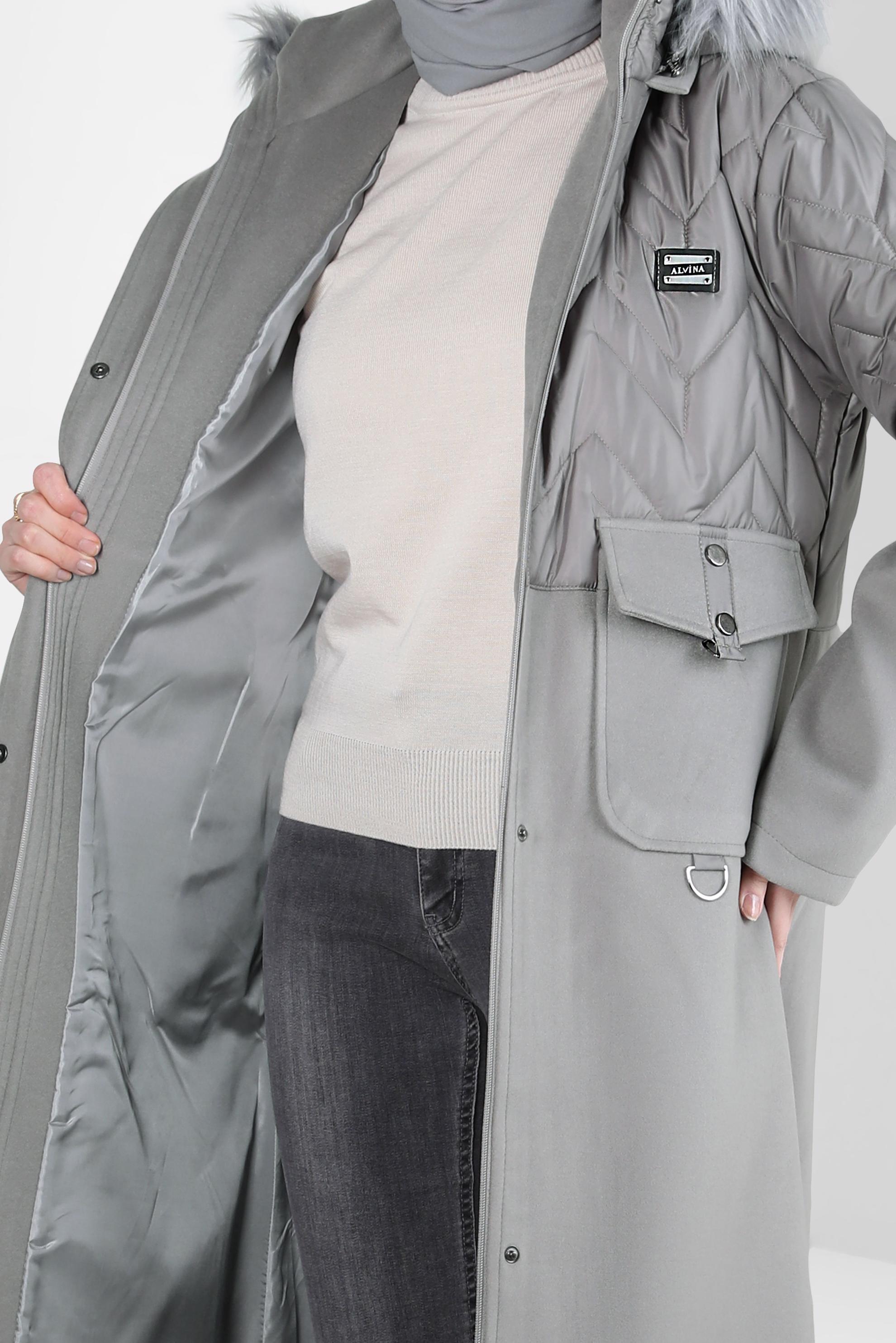 Tesettür giyim GRİ KAPÜŞONU KÜRKLÜ KABAN 90427