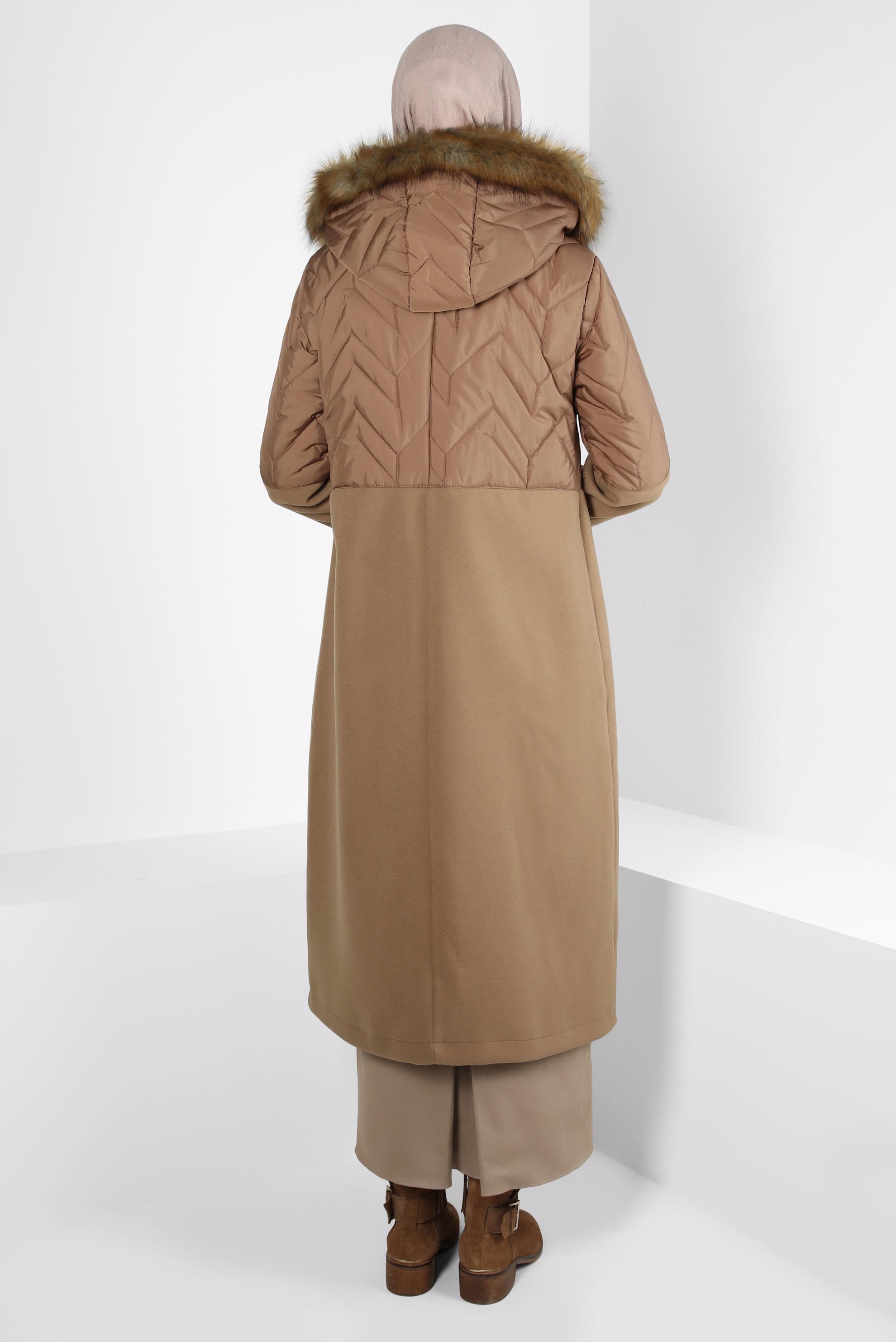 Tesettür giyim TABA KAPÜŞONU KÜRKLÜ KABAN 90427