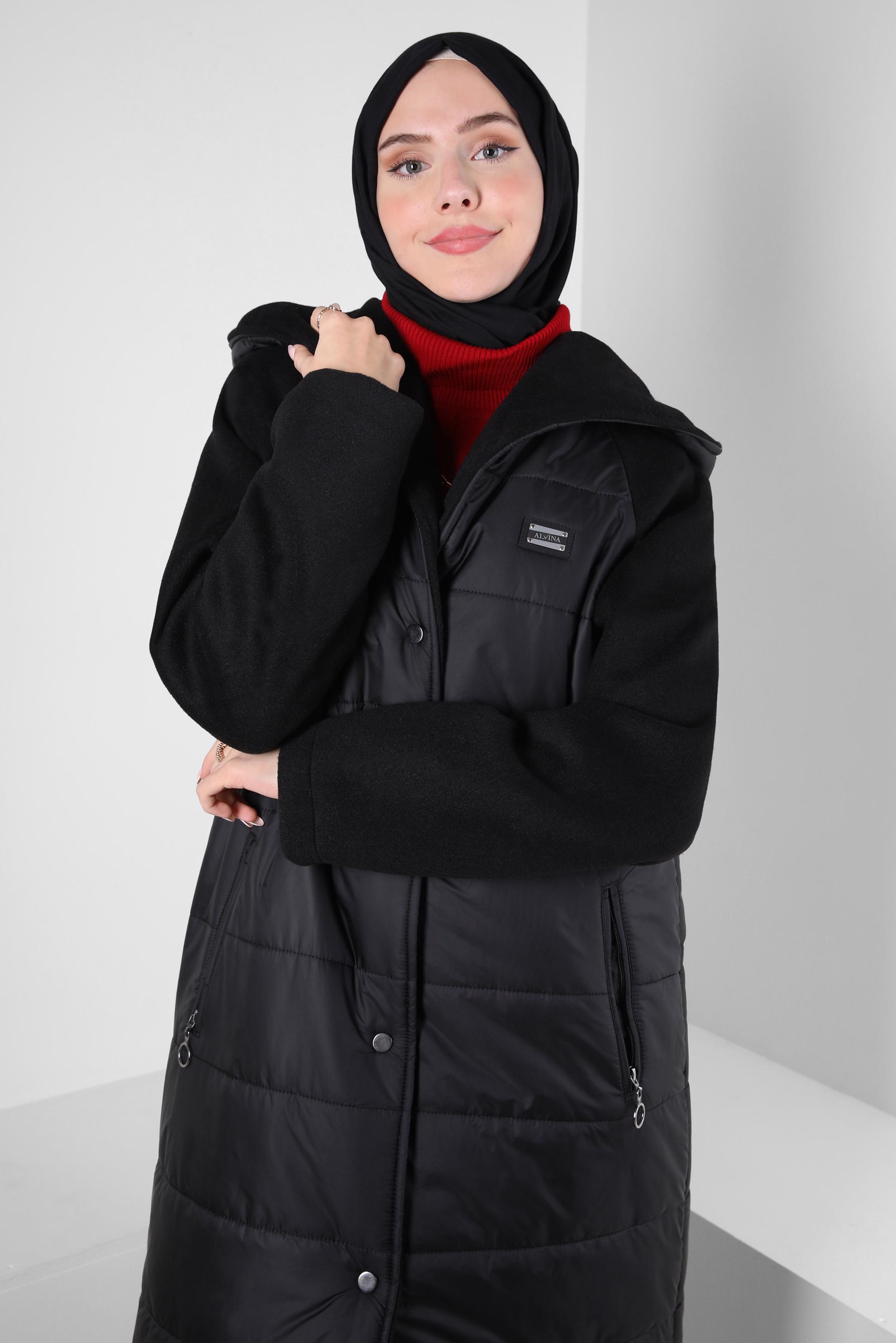Tesettür giyim SİYAH KAPÜŞONLU CEPLİ KABAN 90428