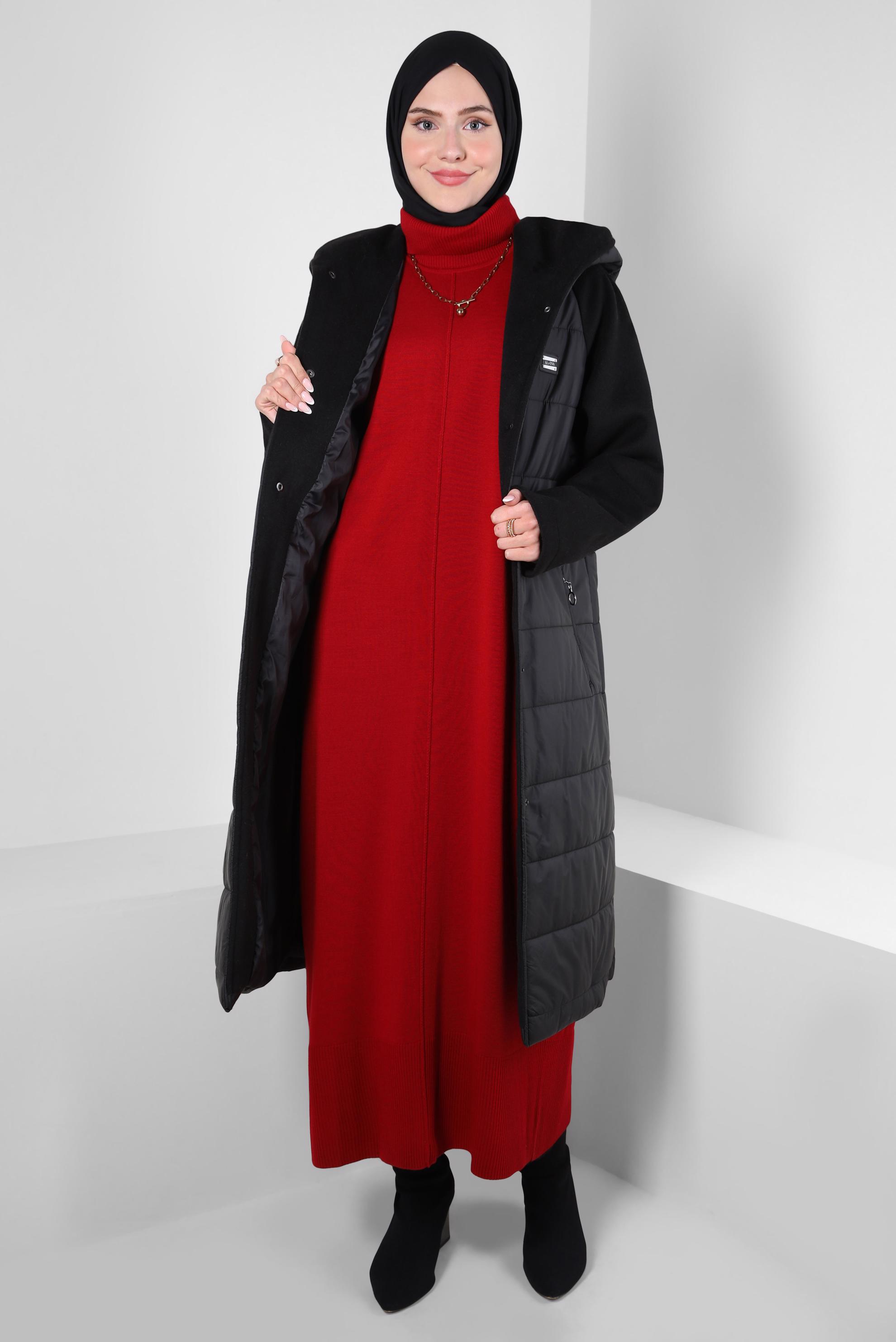 Tesettür giyim SİYAH KAPÜŞONLU CEPLİ KABAN 90428