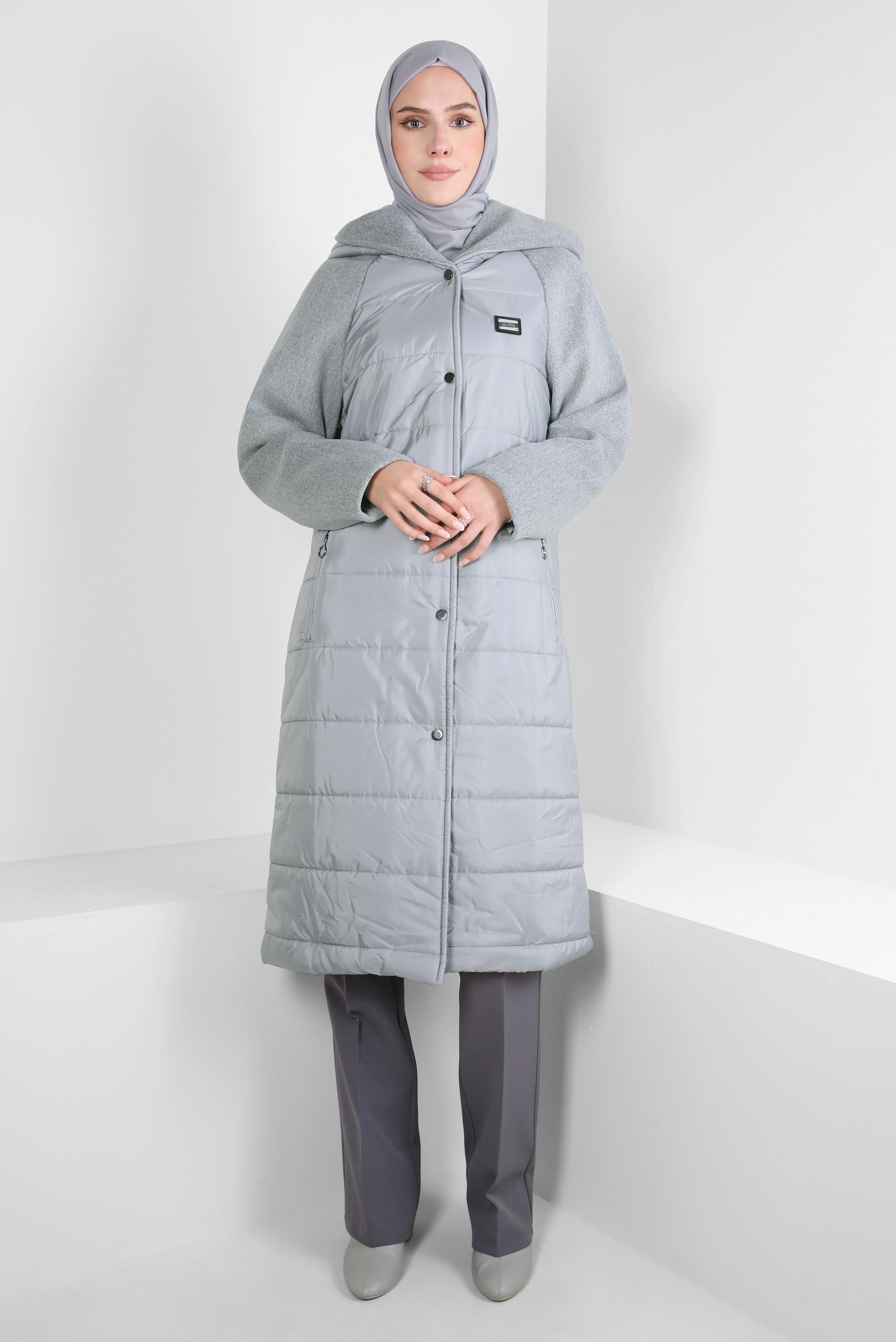 Tesettür giyim GRİ KAPÜŞONLU CEPLİ KABAN 90428
