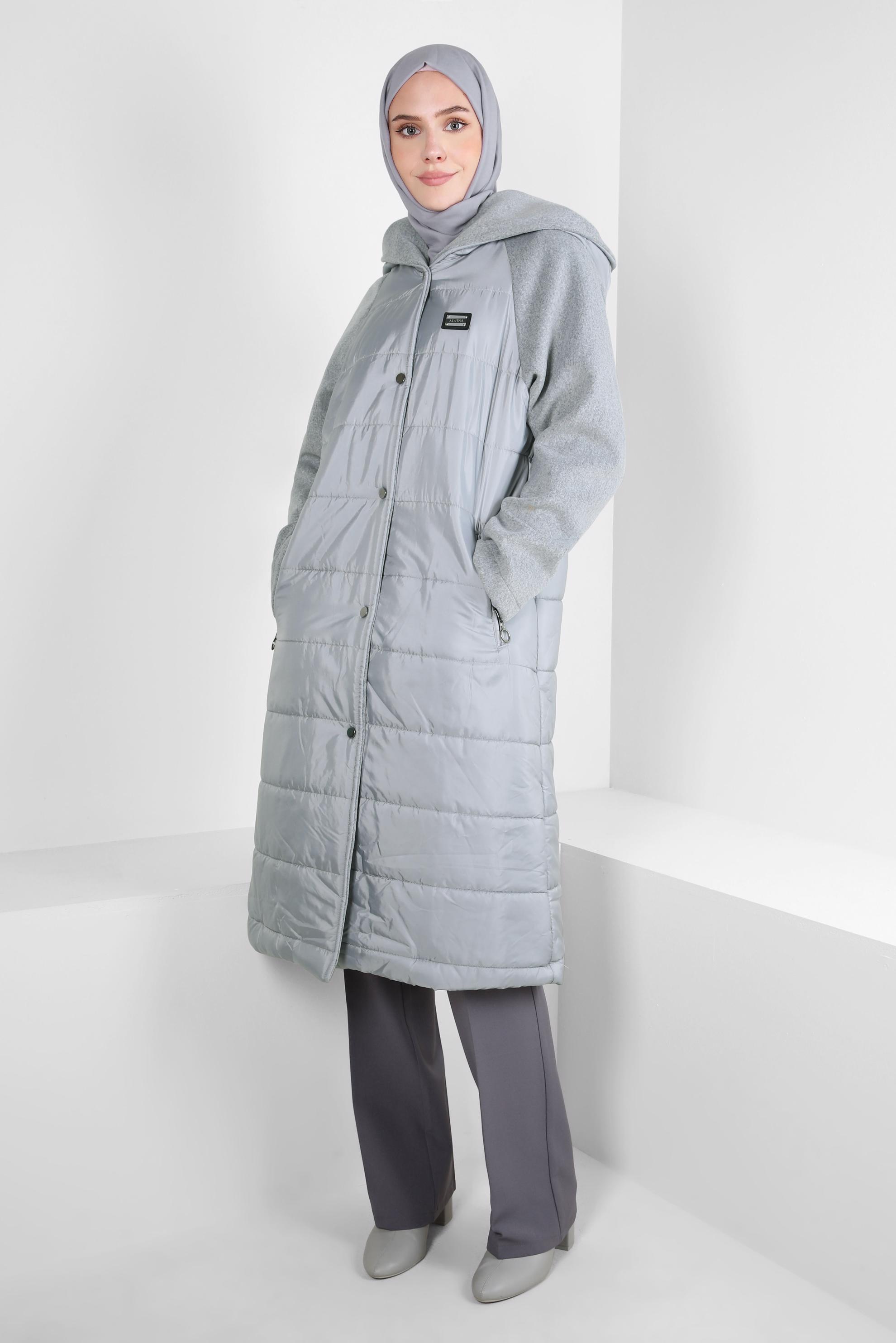 Tesettür giyim GRİ KAPÜŞONLU CEPLİ KABAN 90428