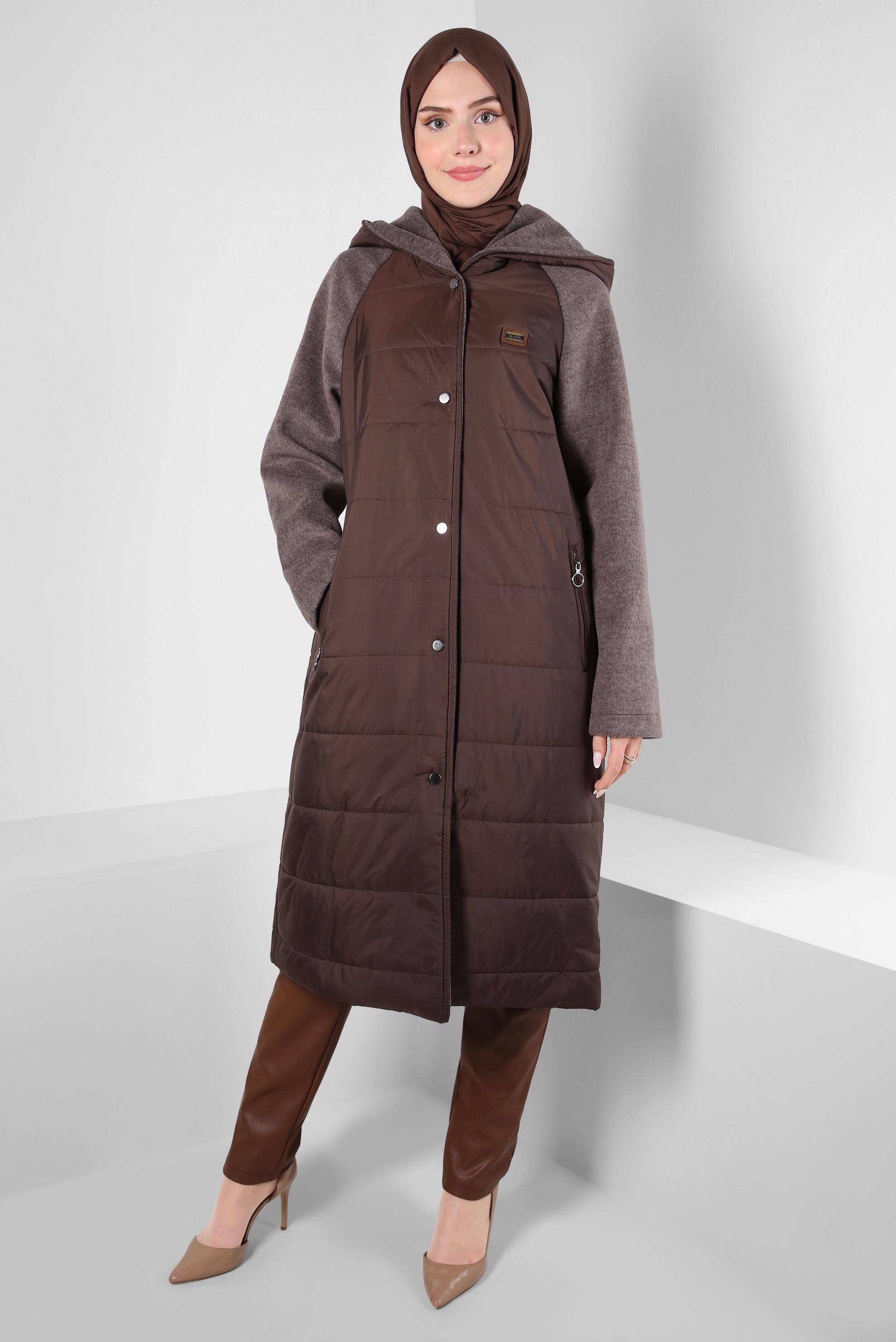 Tesettür giyim KAHVE KAPÜŞONLU CEPLİ KABAN 90428