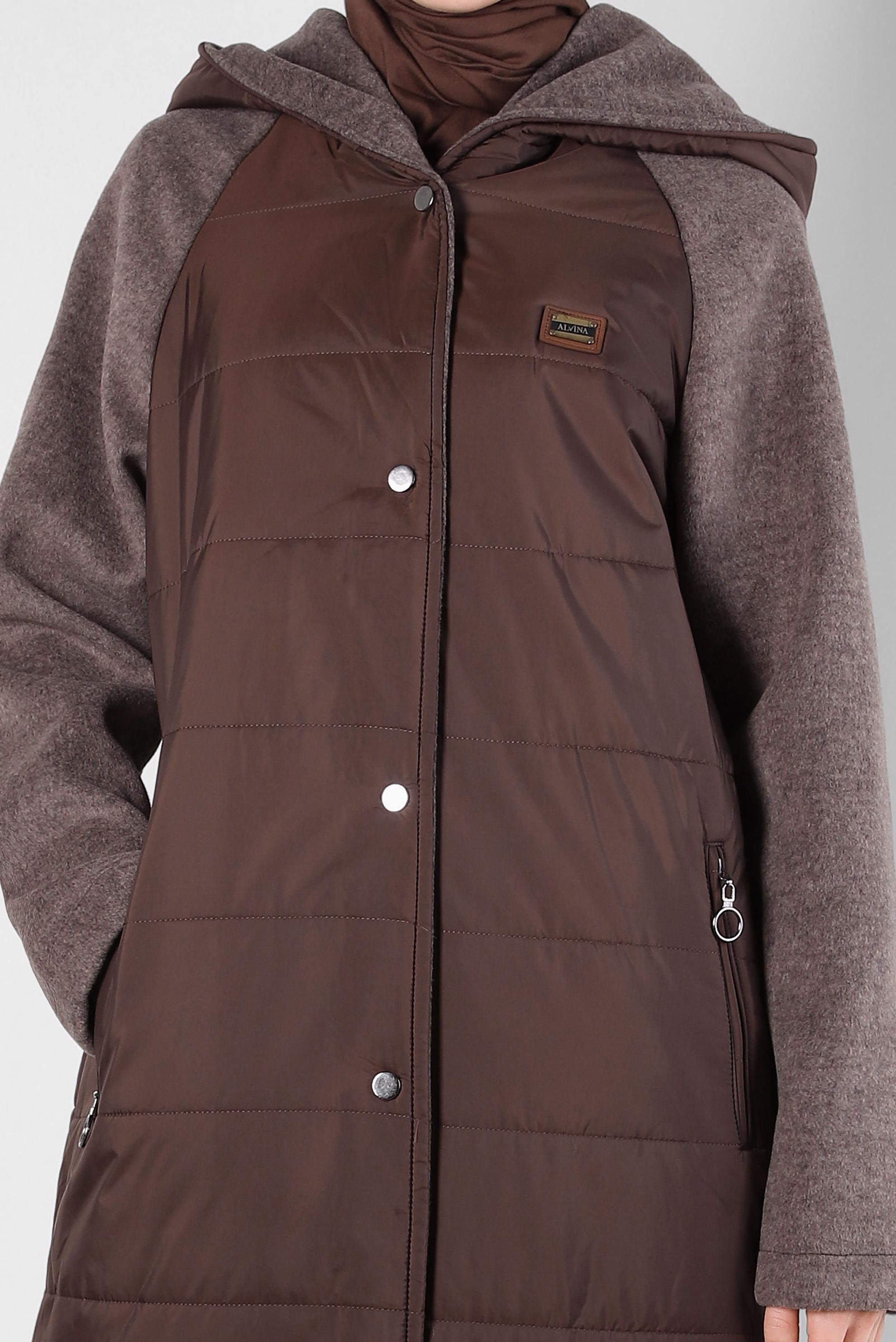 Tesettür giyim KAHVE KAPÜŞONLU CEPLİ KABAN 90428