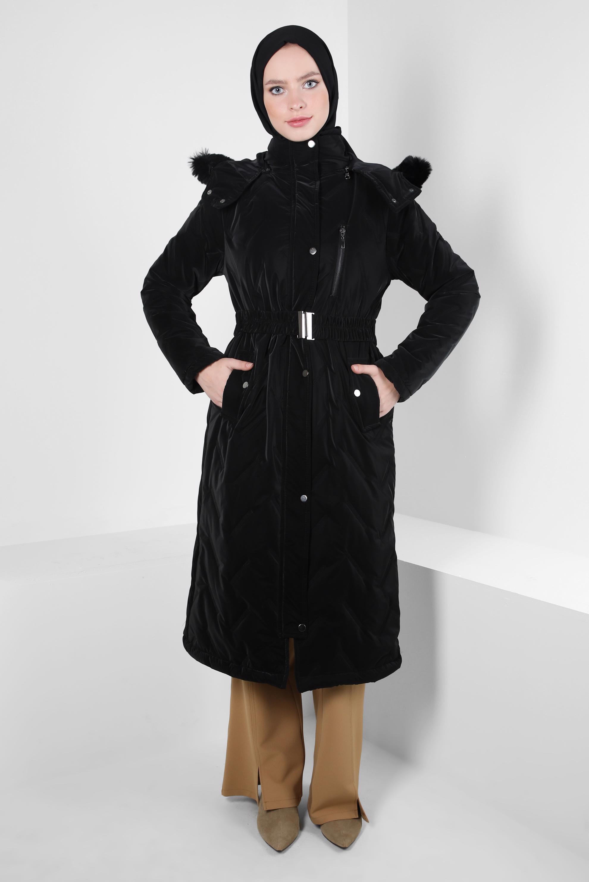 Tesettür giyim SİYAH KEMERLİ KABAN 90432