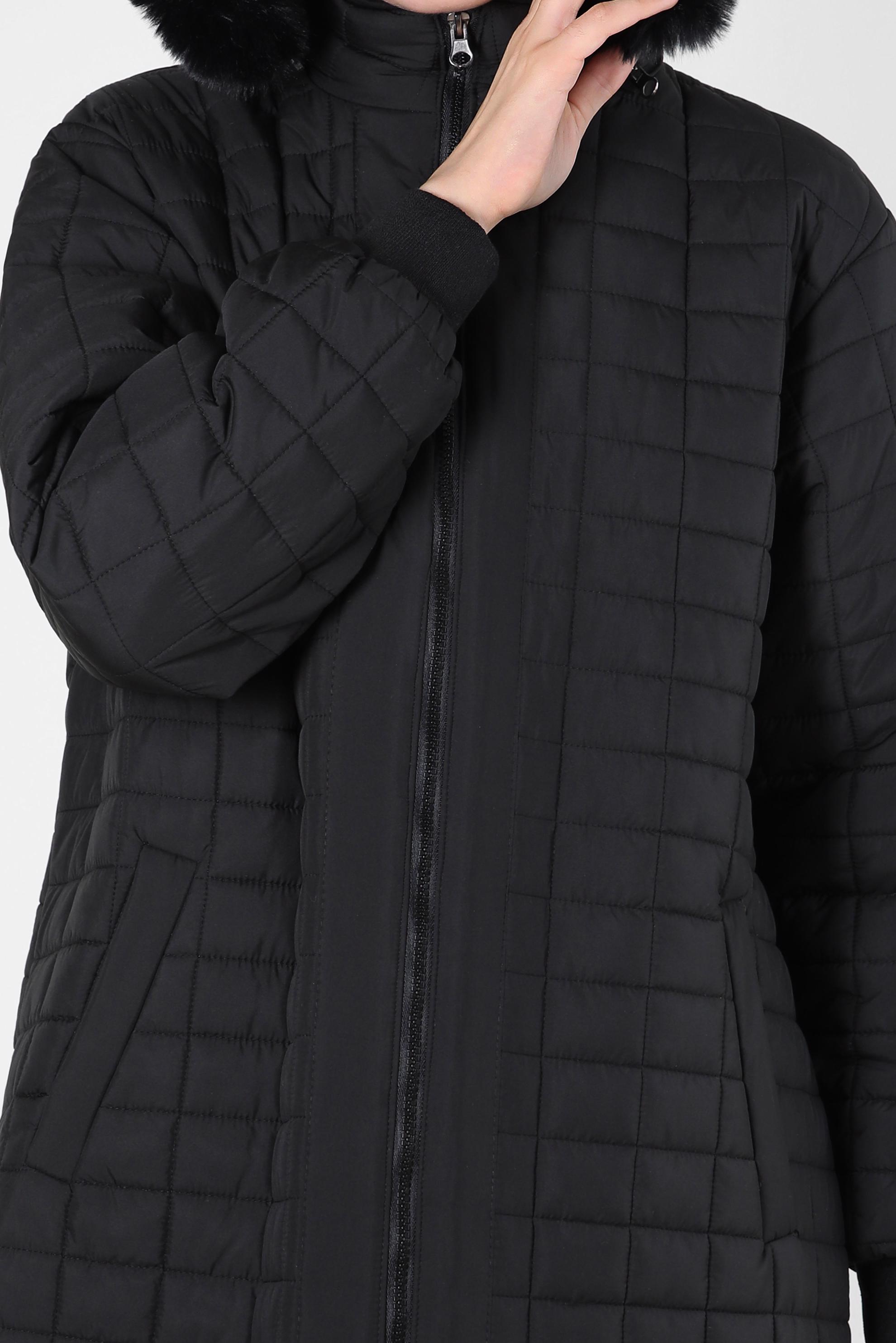 Tesettür giyim SİYAH KAPÜŞONU KÜRKLÜ KABAN 90434