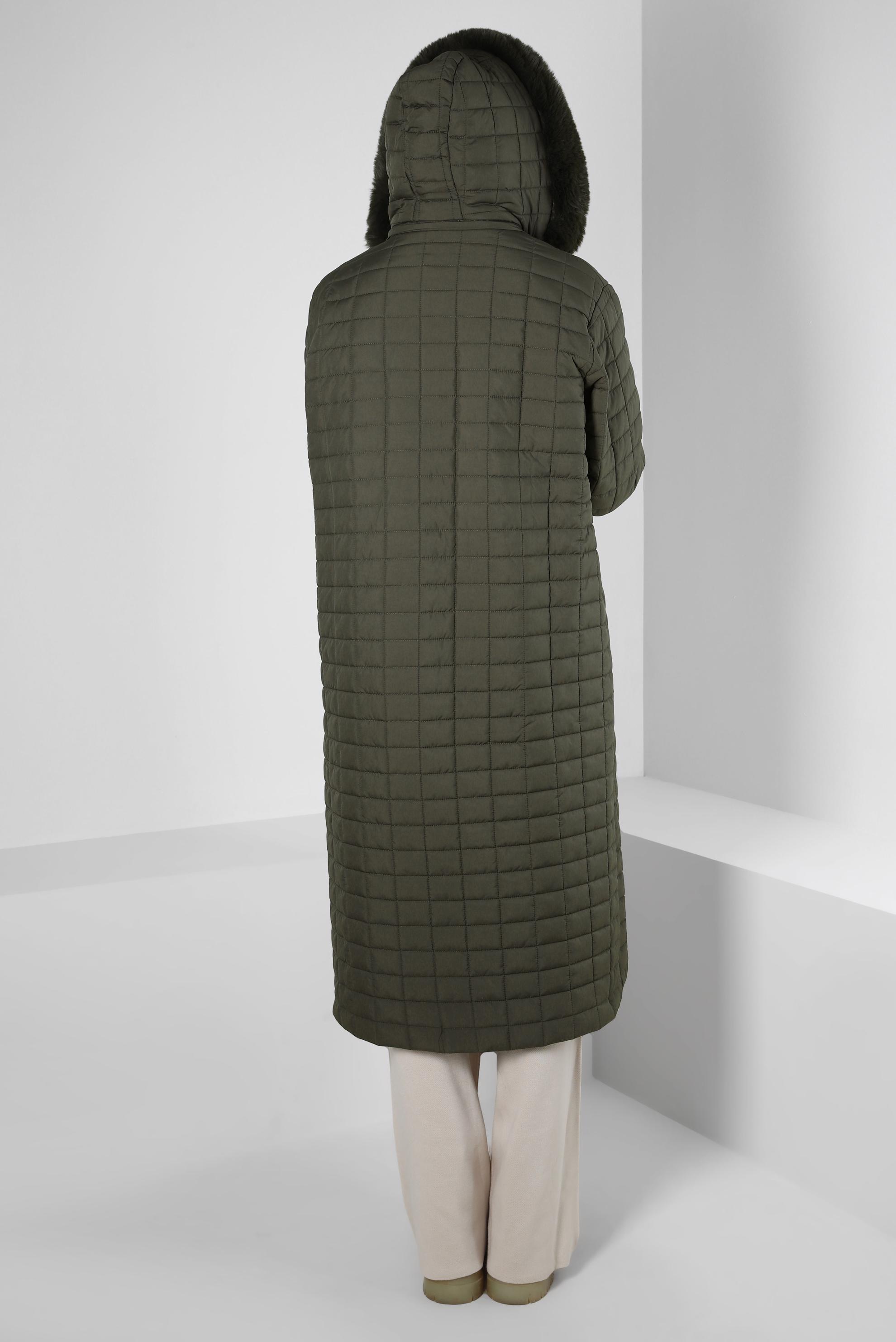 Tesettür giyim HAKİ KAPÜŞONU KÜRKLÜ KABAN 90434