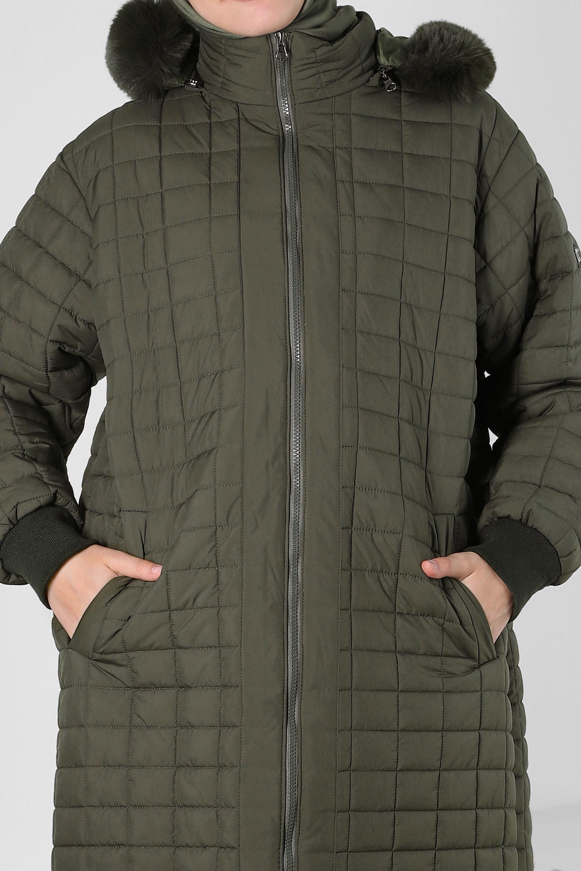 Tesettür giyim HAKİ KAPÜŞONU KÜRKLÜ KABAN 90434