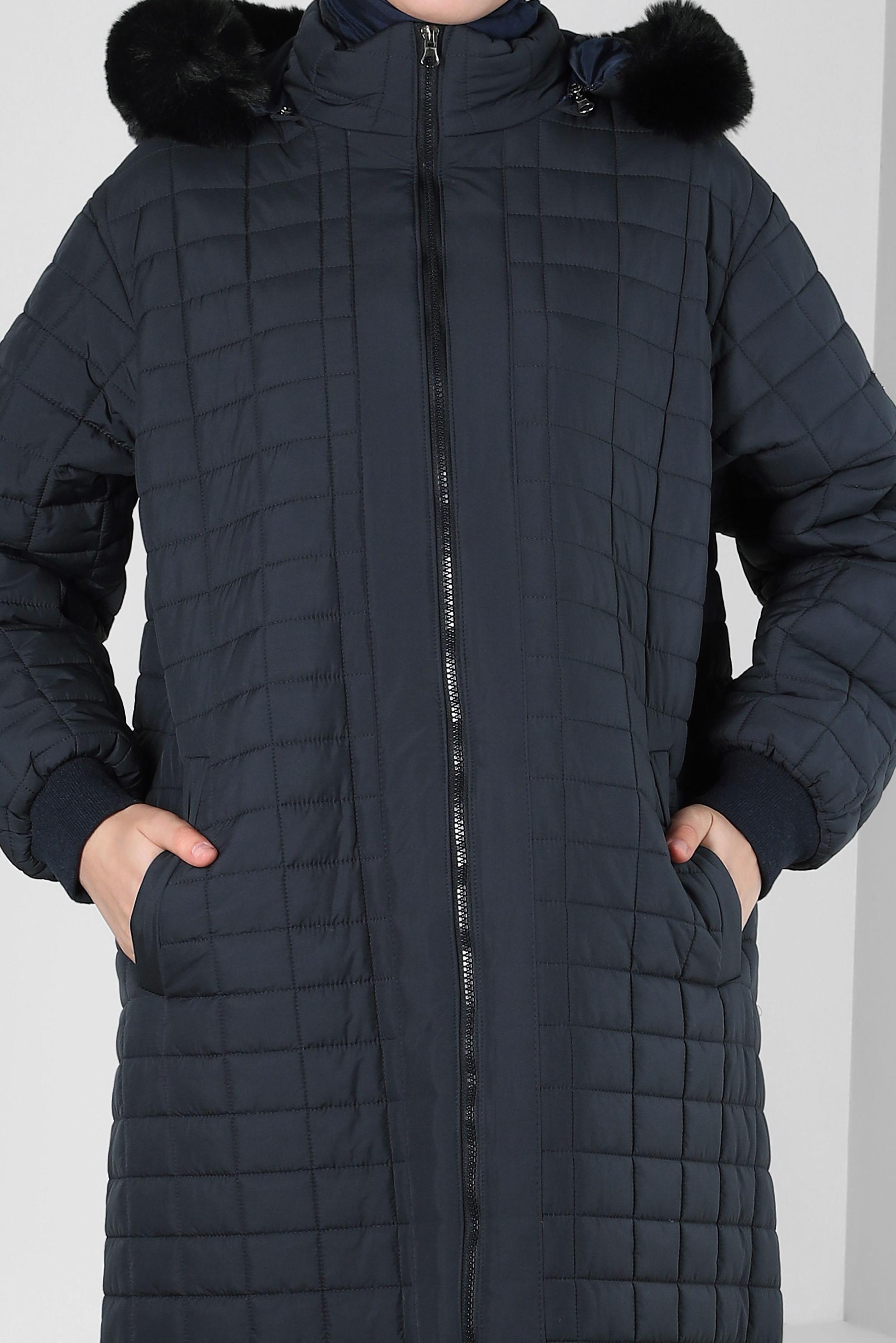 Tesettür giyim LACİVERT KAPÜŞONU KÜRKLÜ KABAN 90434