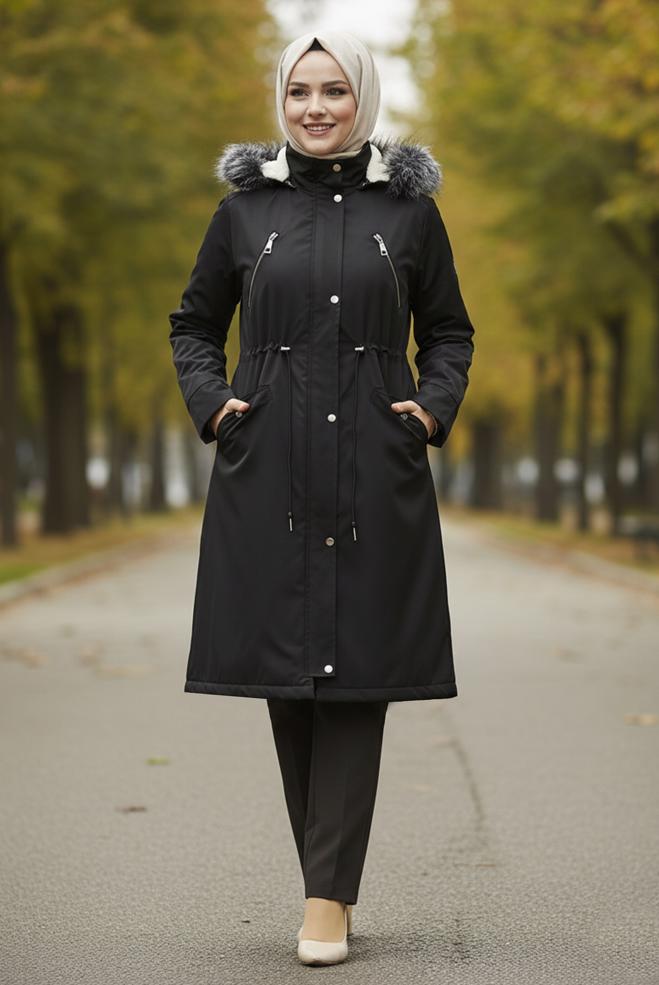 Hijab clothing BLACK HOODED COAT 90436 - ALVİNA