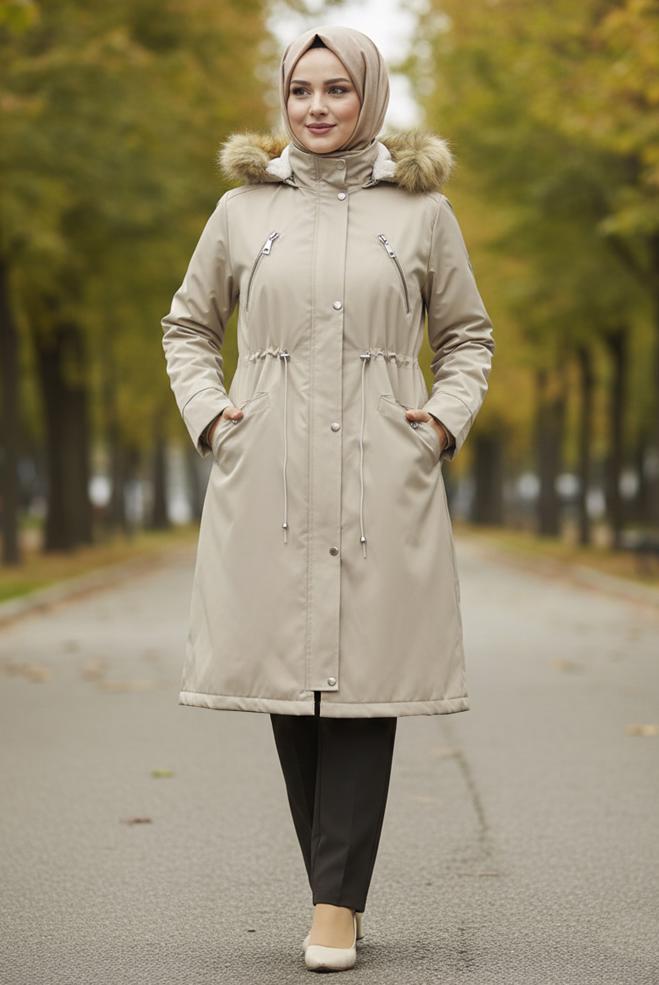Hijab clothing BEIGE HOODED COAT 90436 - ALVİNA