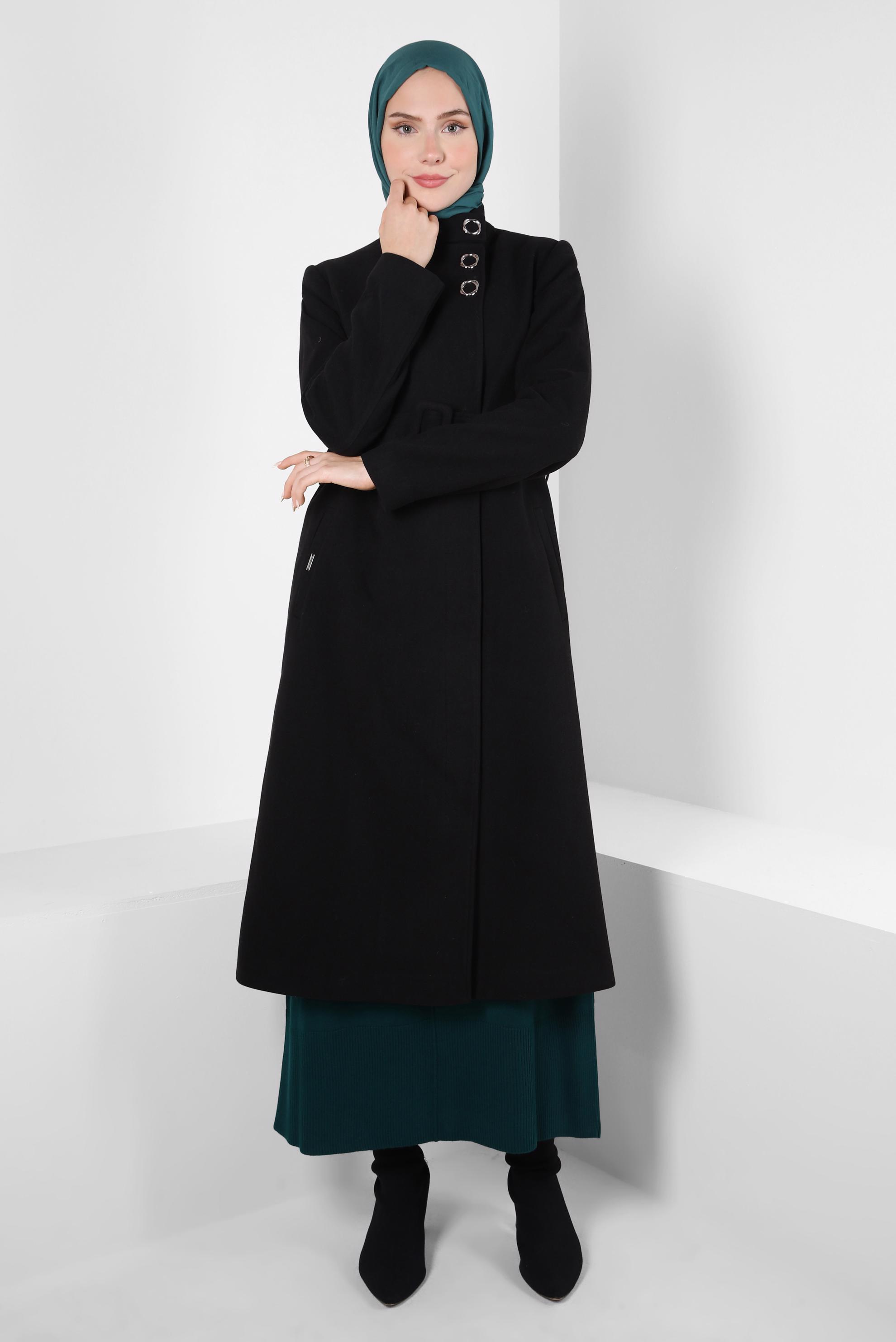 Tesettür giyim SİYAH KEMERLİ KABAN 90437