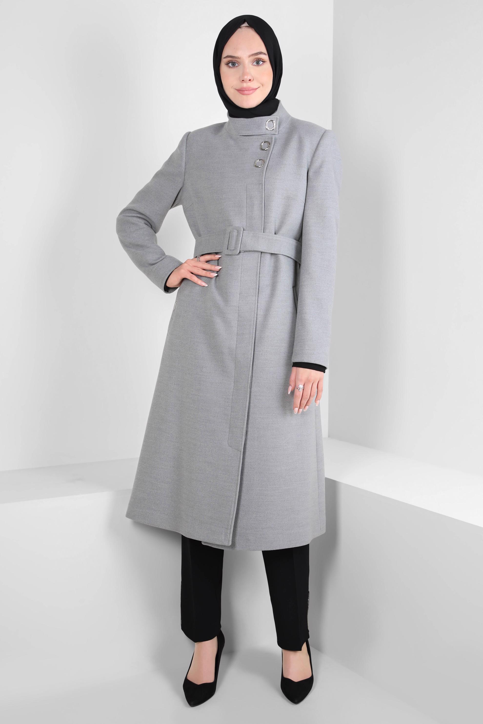 Tesettür giyim GRİ KEMERLİ KABAN 90437
