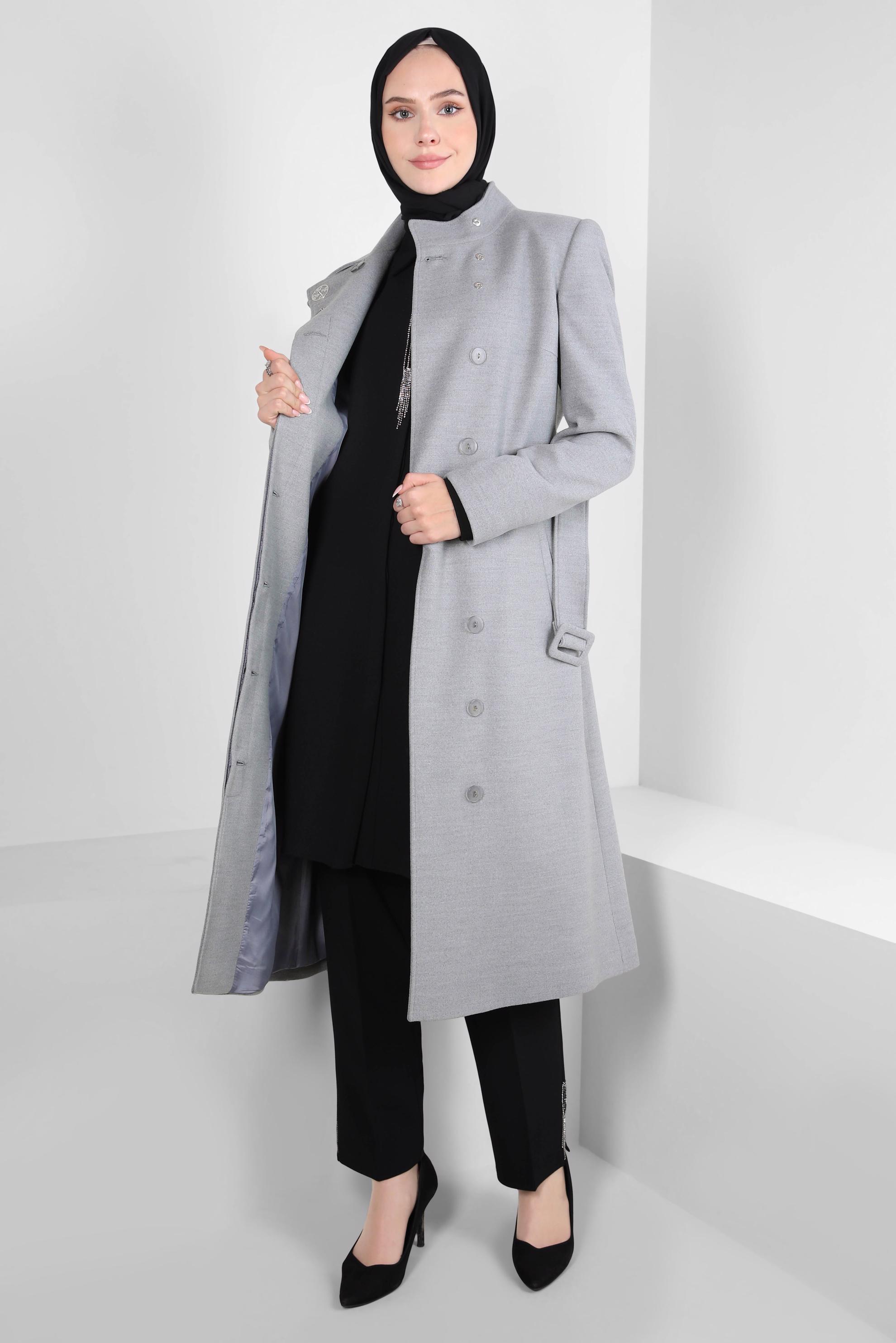 Tesettür giyim GRİ KEMERLİ KABAN 90437