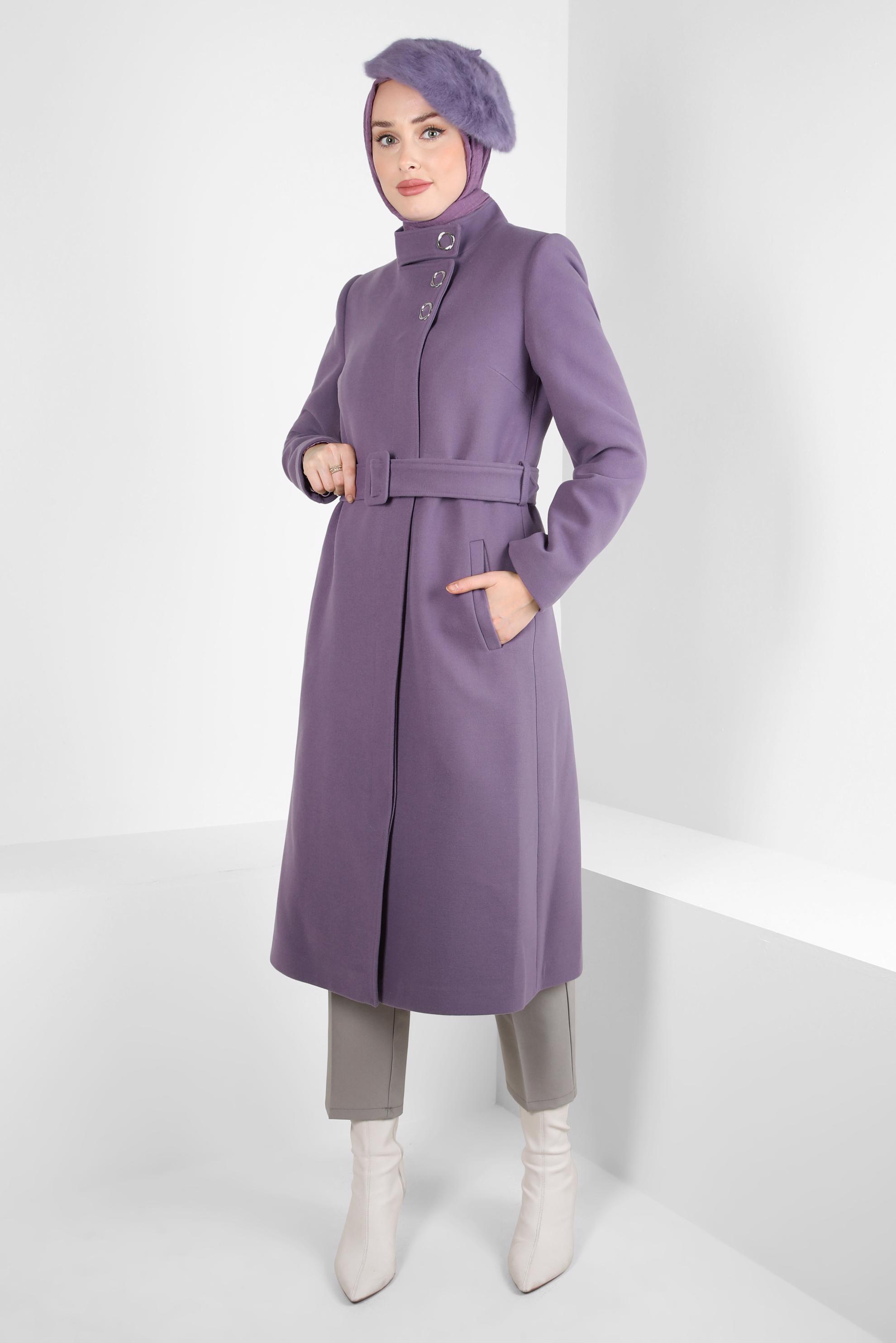 Tesettür giyim MOR KEMERLİ KABAN 90437