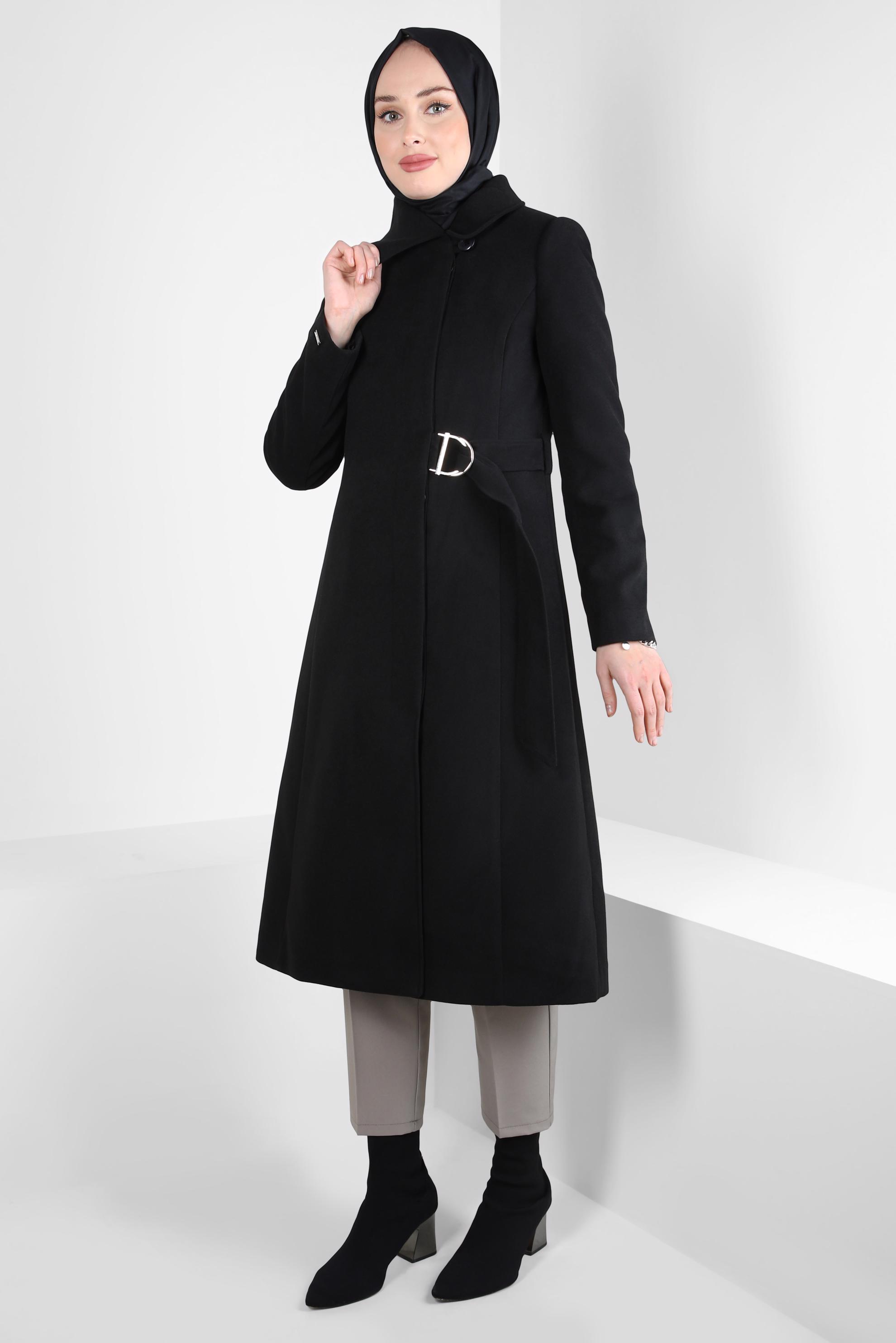 Tesettür giyim SİYAH KEMERLİ KABAN 90443