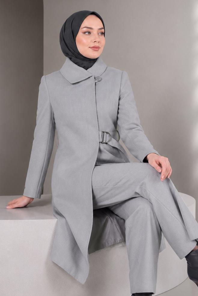Tesettür giyim GRİ KEMERLİ KABAN 90443 - ALVİNA
