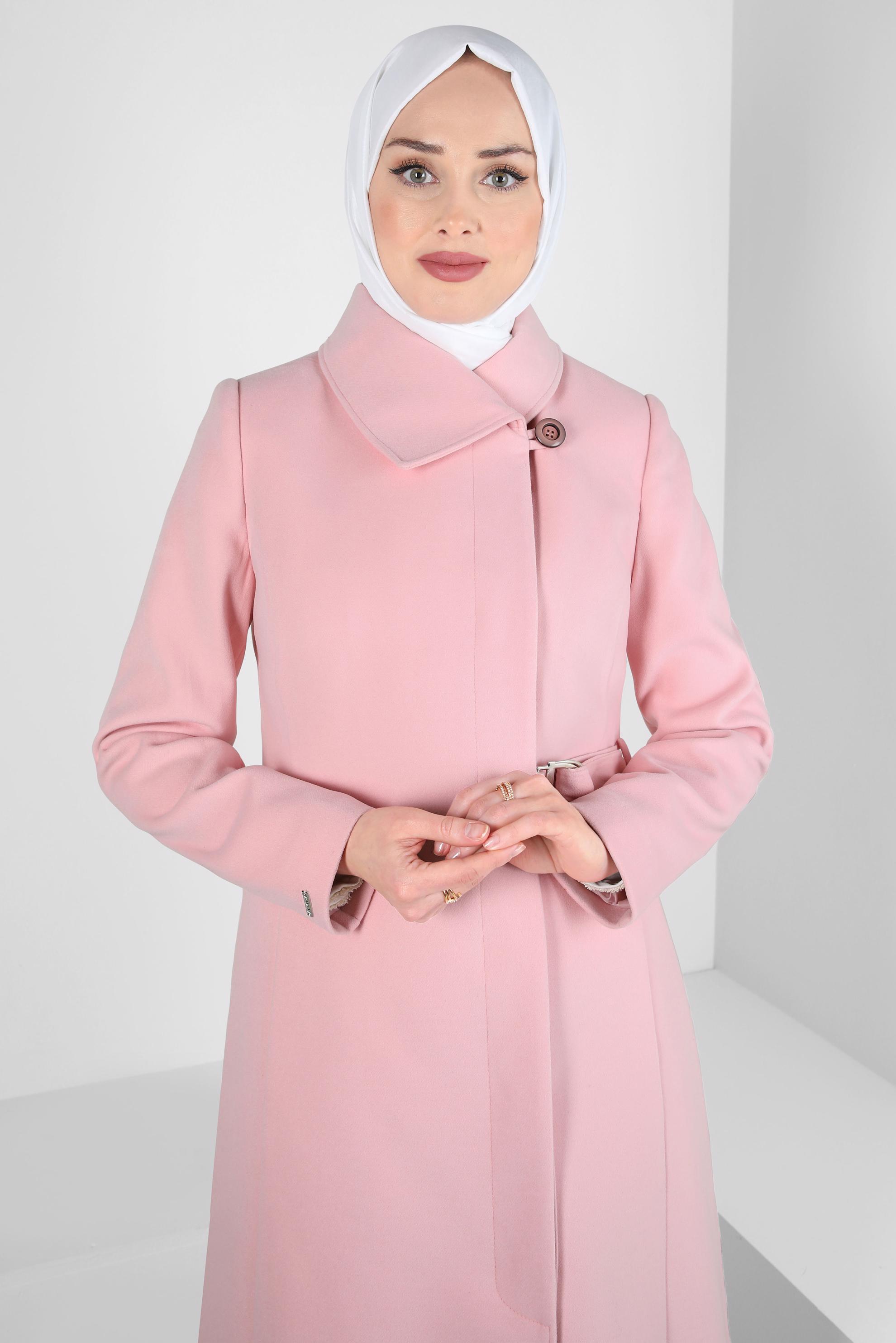 Tesettür giyim PUDRA KEMERLİ KABAN 90443