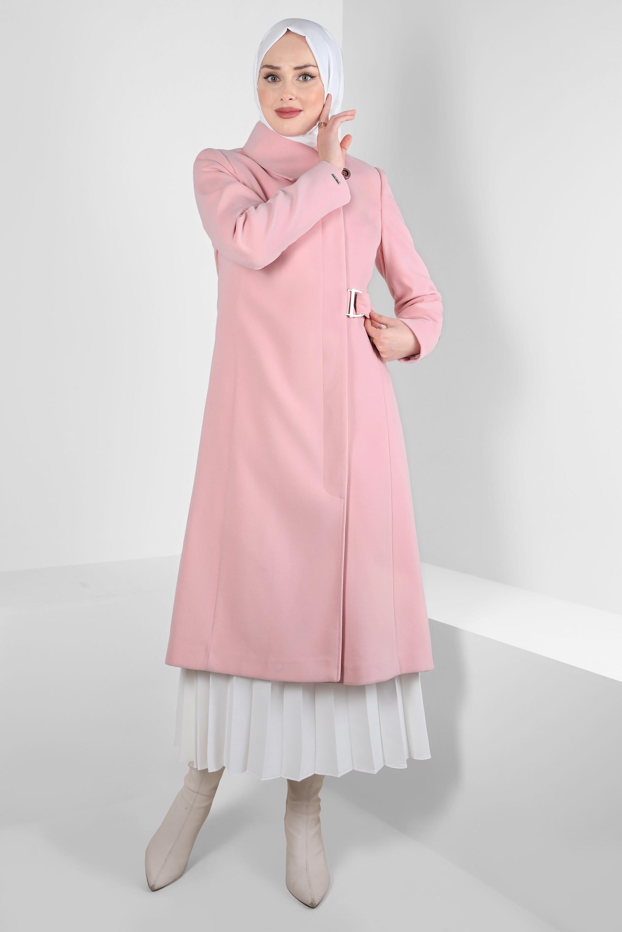 Tesettür giyim PUDRA KEMERLİ KABAN 90443