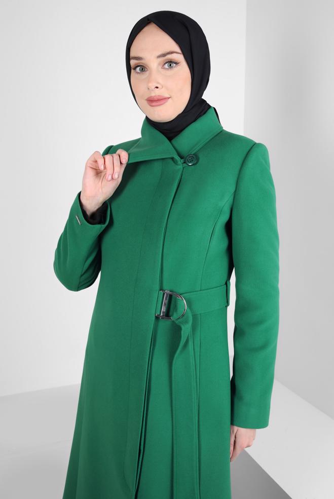 Tesettür giyim YEŞİL KEMERLİ KABAN 90443 - ALVİNA